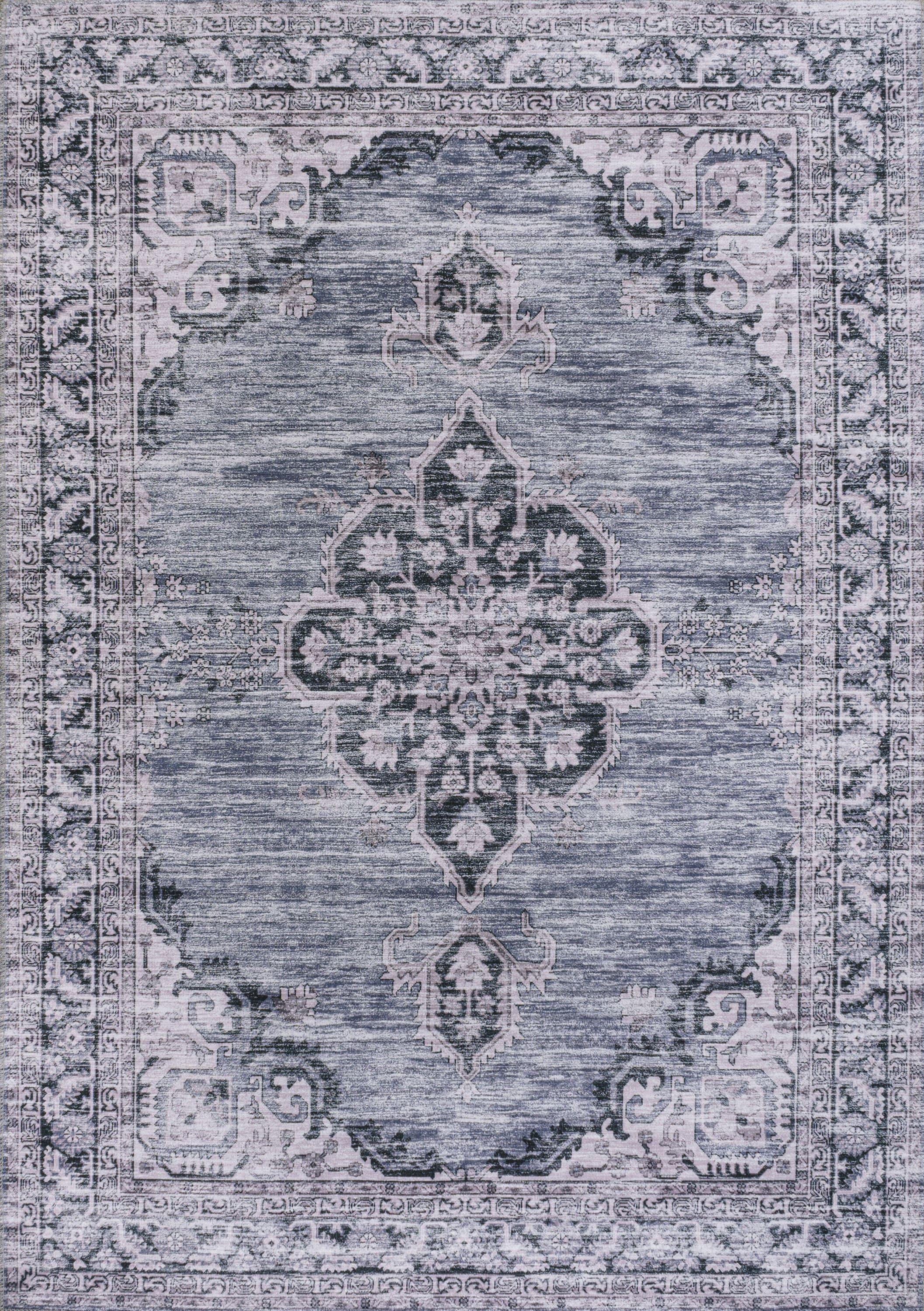 Wincer Chenille Cottage Medallion Machine-Washable Navy/Gray/Black 3 ft. x 5 ft. Area Rug - JONATHAN Y