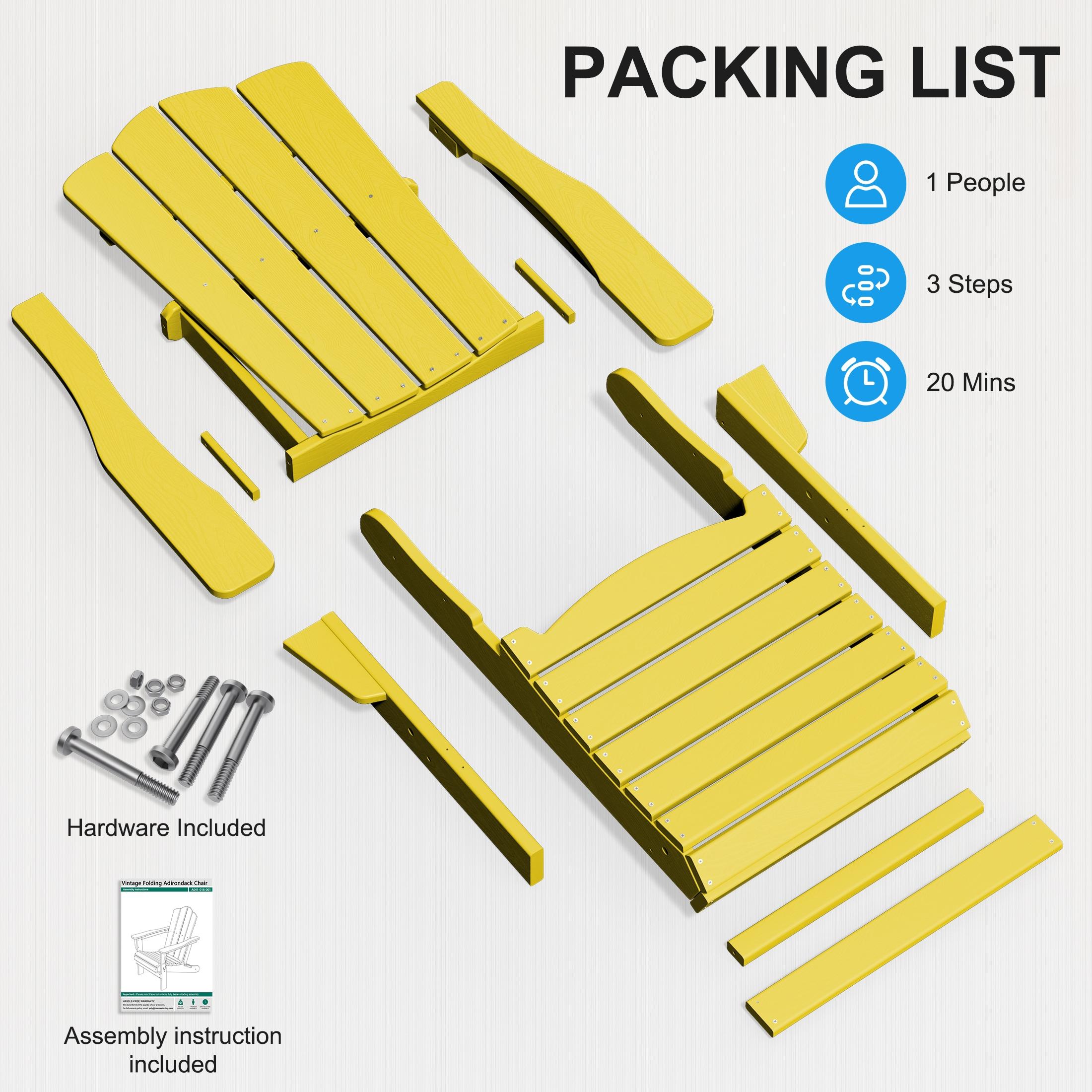 KINGYES Folding Adirondack Chair Set of 2, HDPE All-Weather Folding Adirondack Chair, Yellow