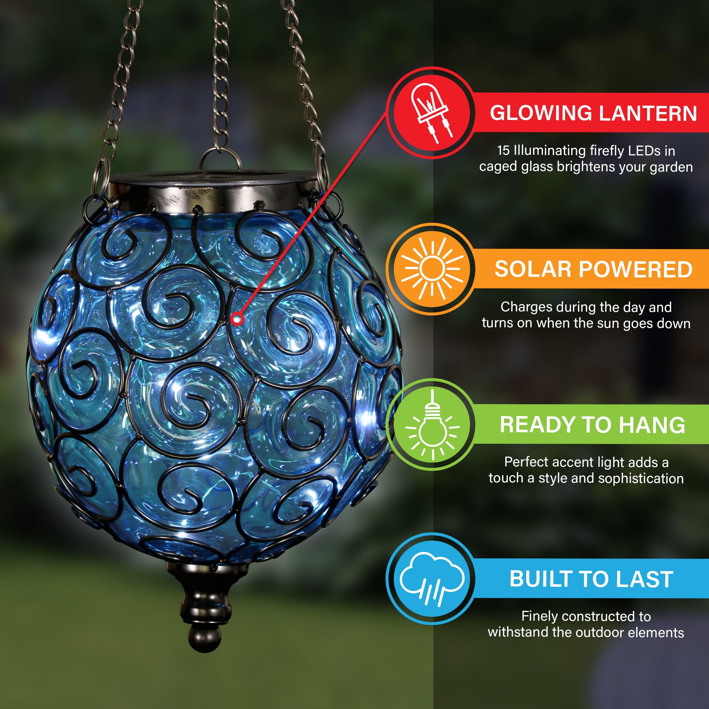 Exhart Solar Round Glass and Metal Hanging Lantern with 15 Cool White LED Firefly String Lights, 7 by 21"