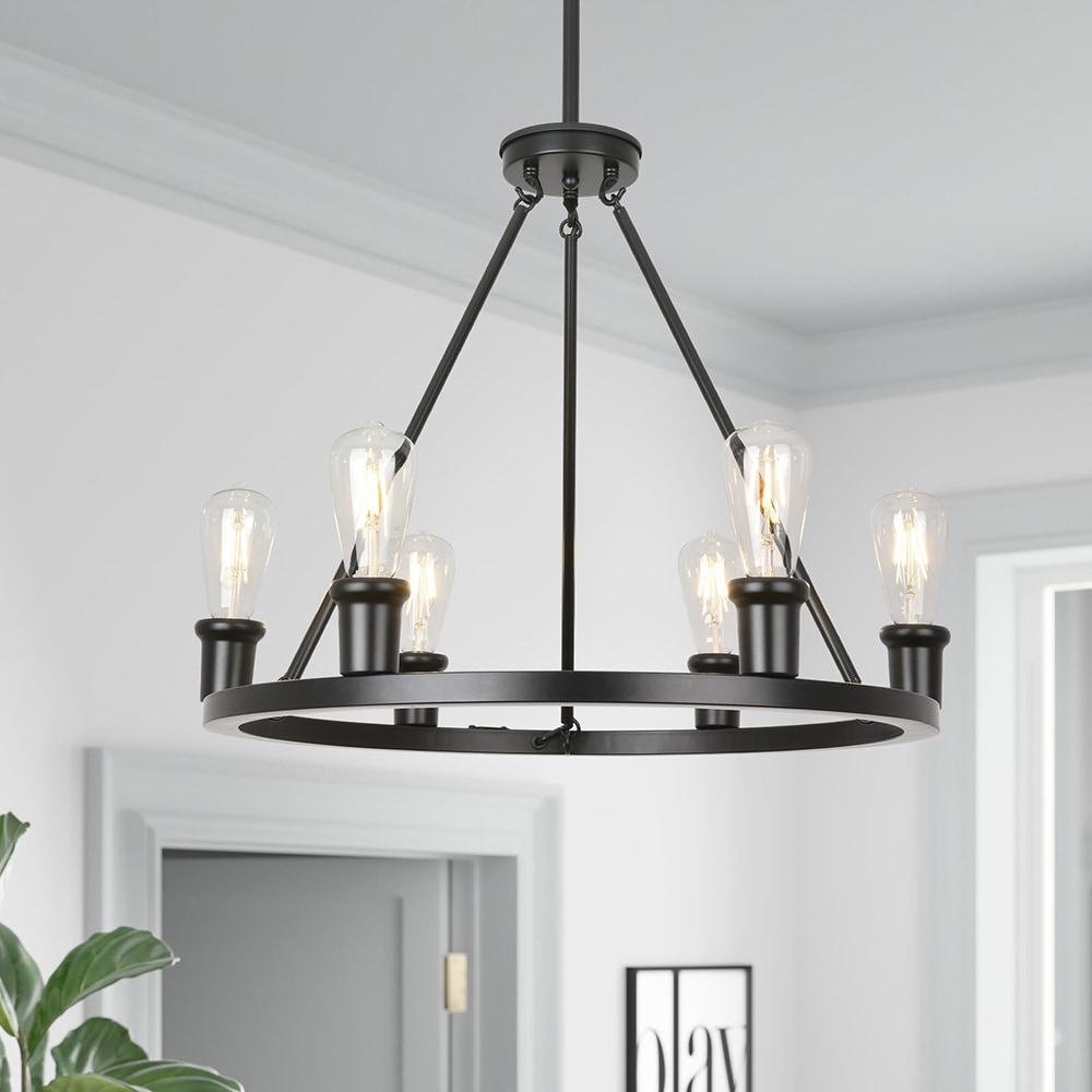 Matte Black Metal Wagon Wheel 6-Light Chandelier