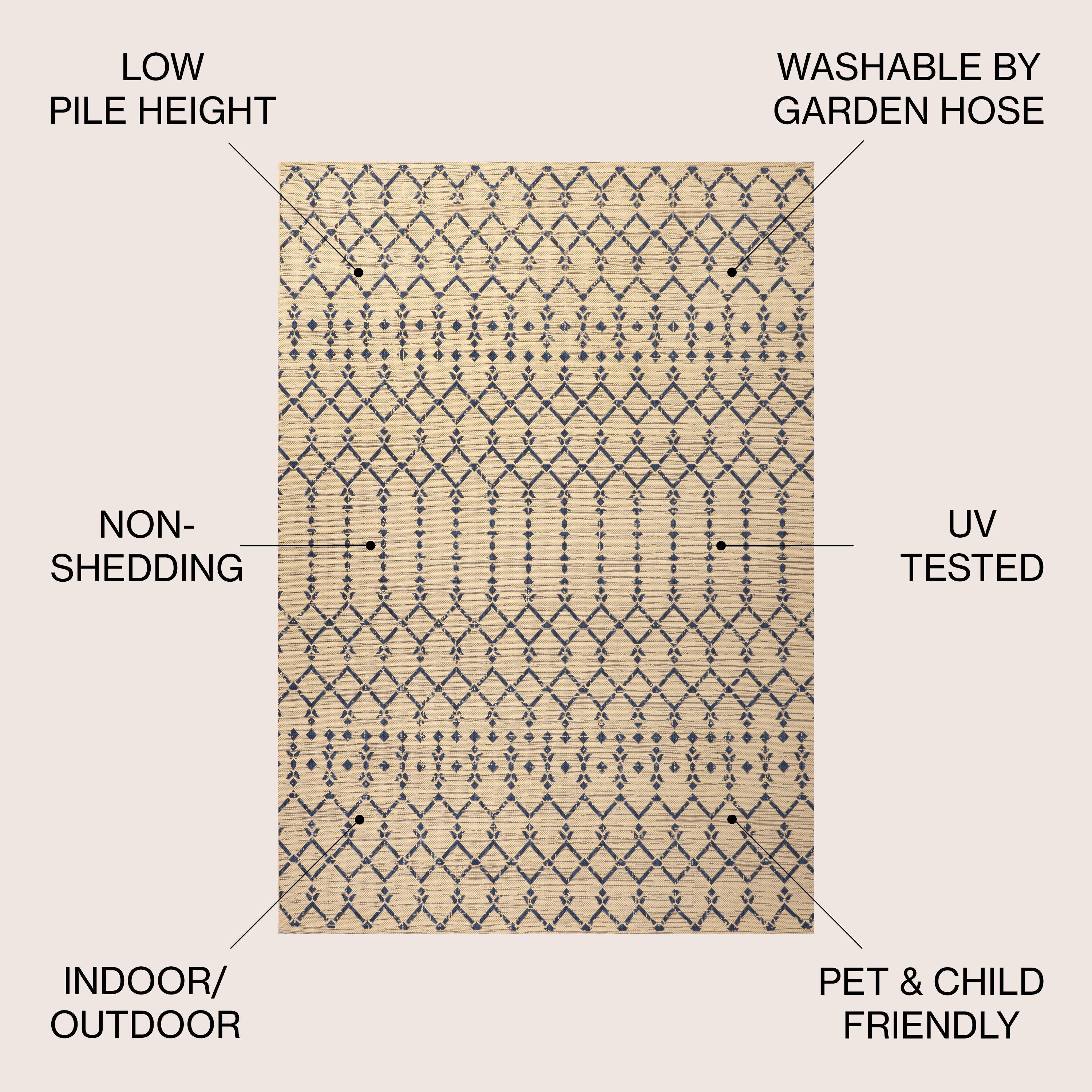 5' Round Ourika Moroccan Geometric Textured Weave Indoor/Outdoor Area Rug, Beige/Navy - JONATHAN Y