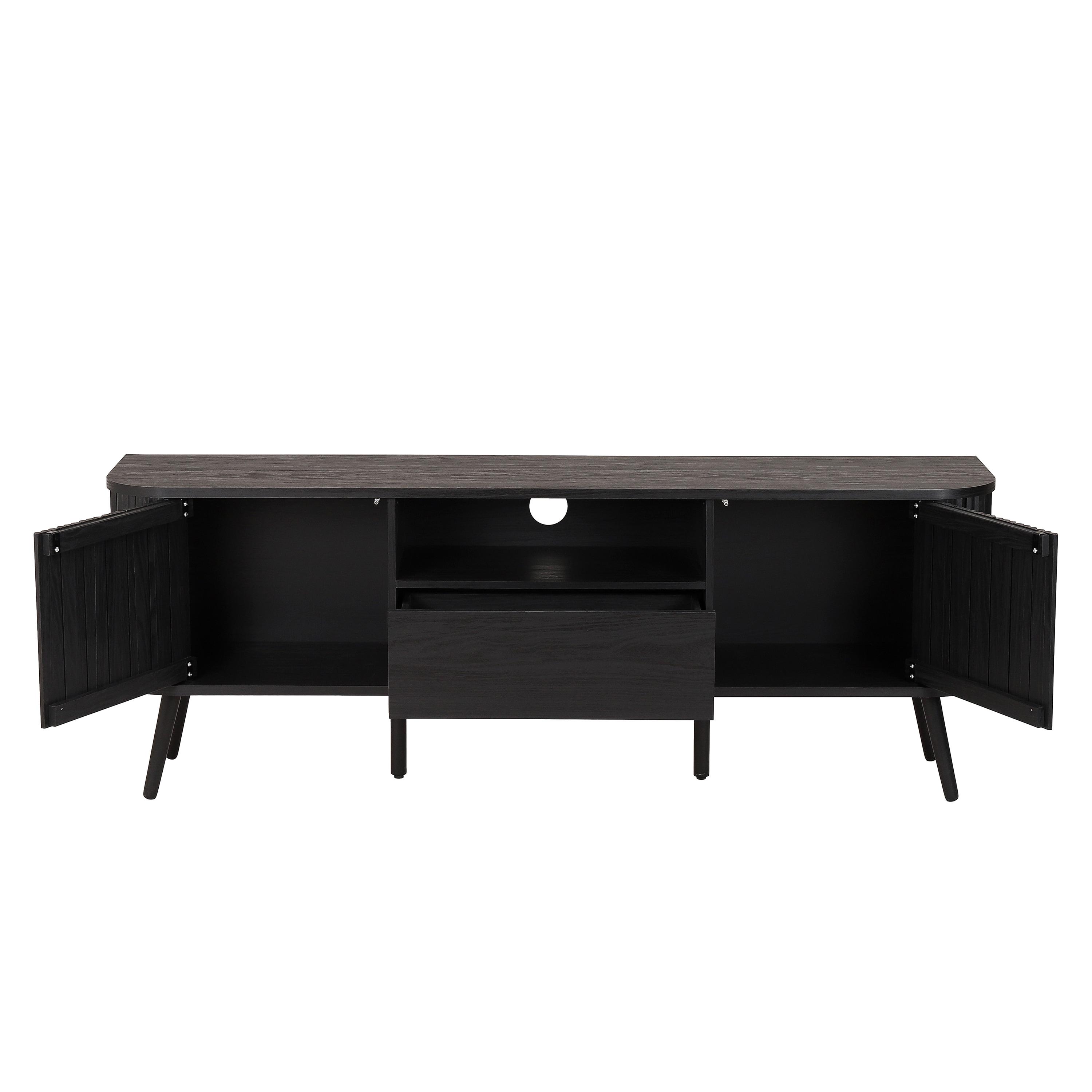 JONATHAN Y Damien 70 in. Farmhouse Curved TV Stand with Drawer and Storage Doors Fits TVs up to 75 in. with Cable Management, Black