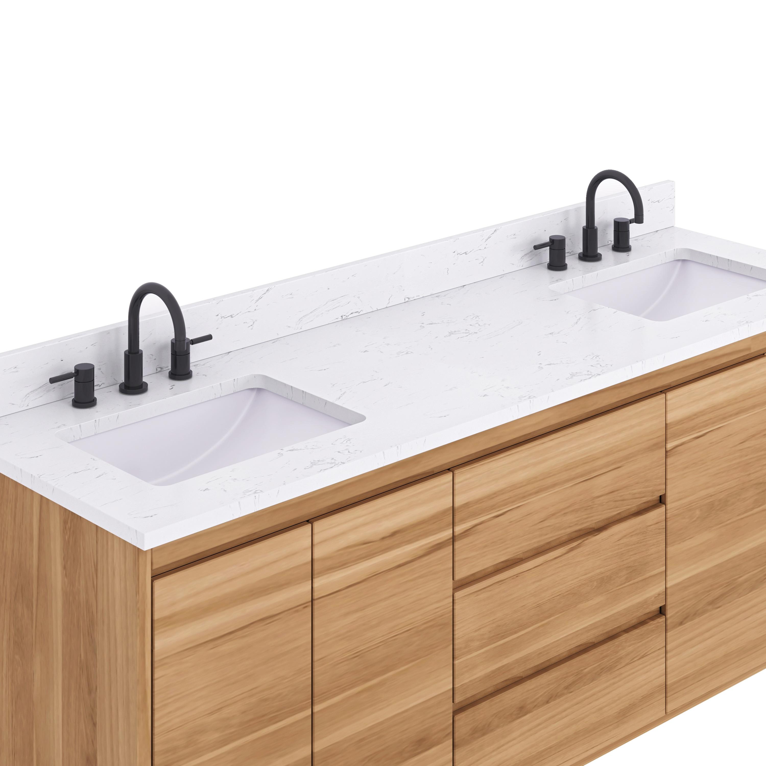 Coventry 73 in. Double Sink Bath Vanity in Natural Teak with Cala White Engineered Stone Top