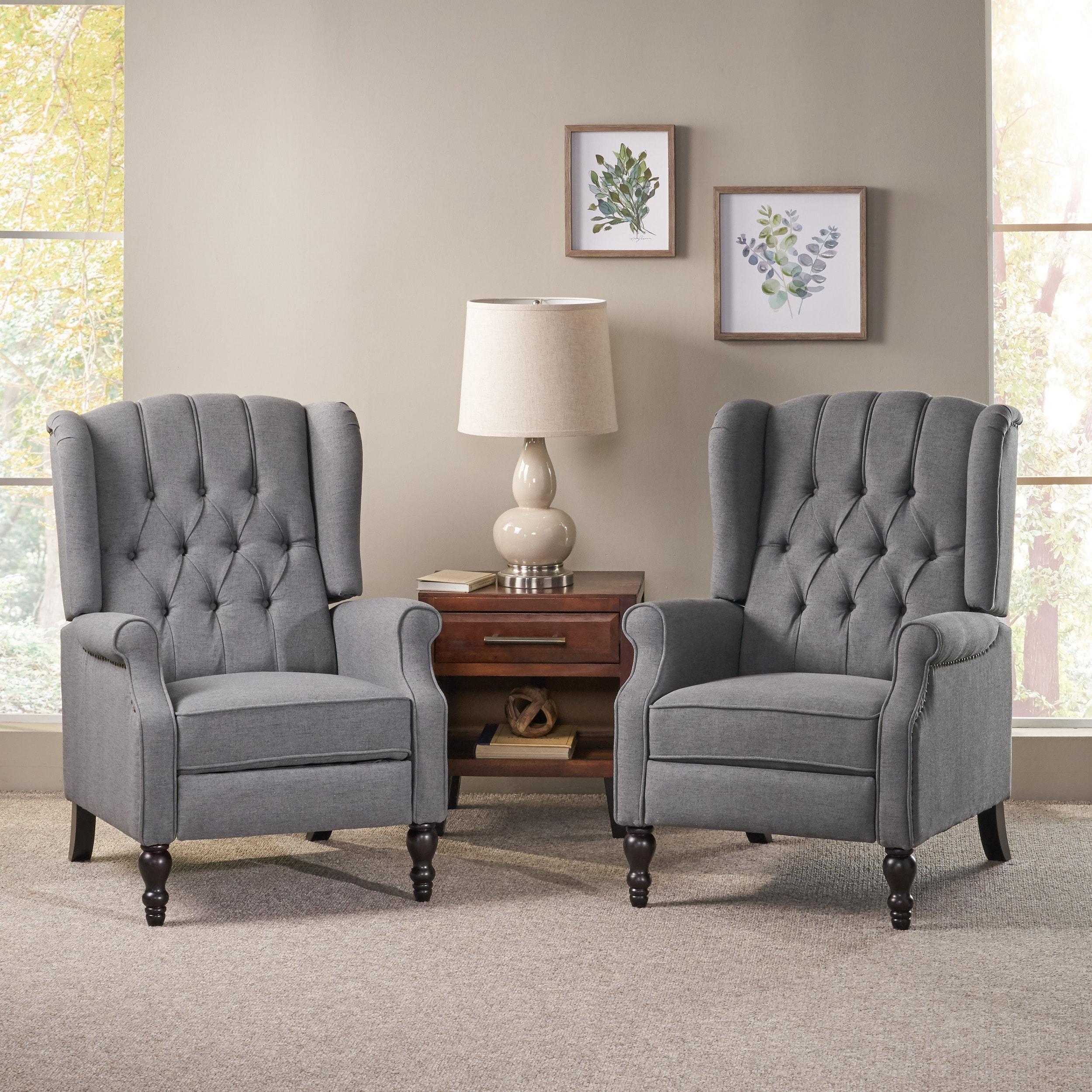 GDF Studio Elizabeth Contemporary Tufted Wingback Pushback Recliner, Set of 2, Charcoal Fabric and Dark Brown