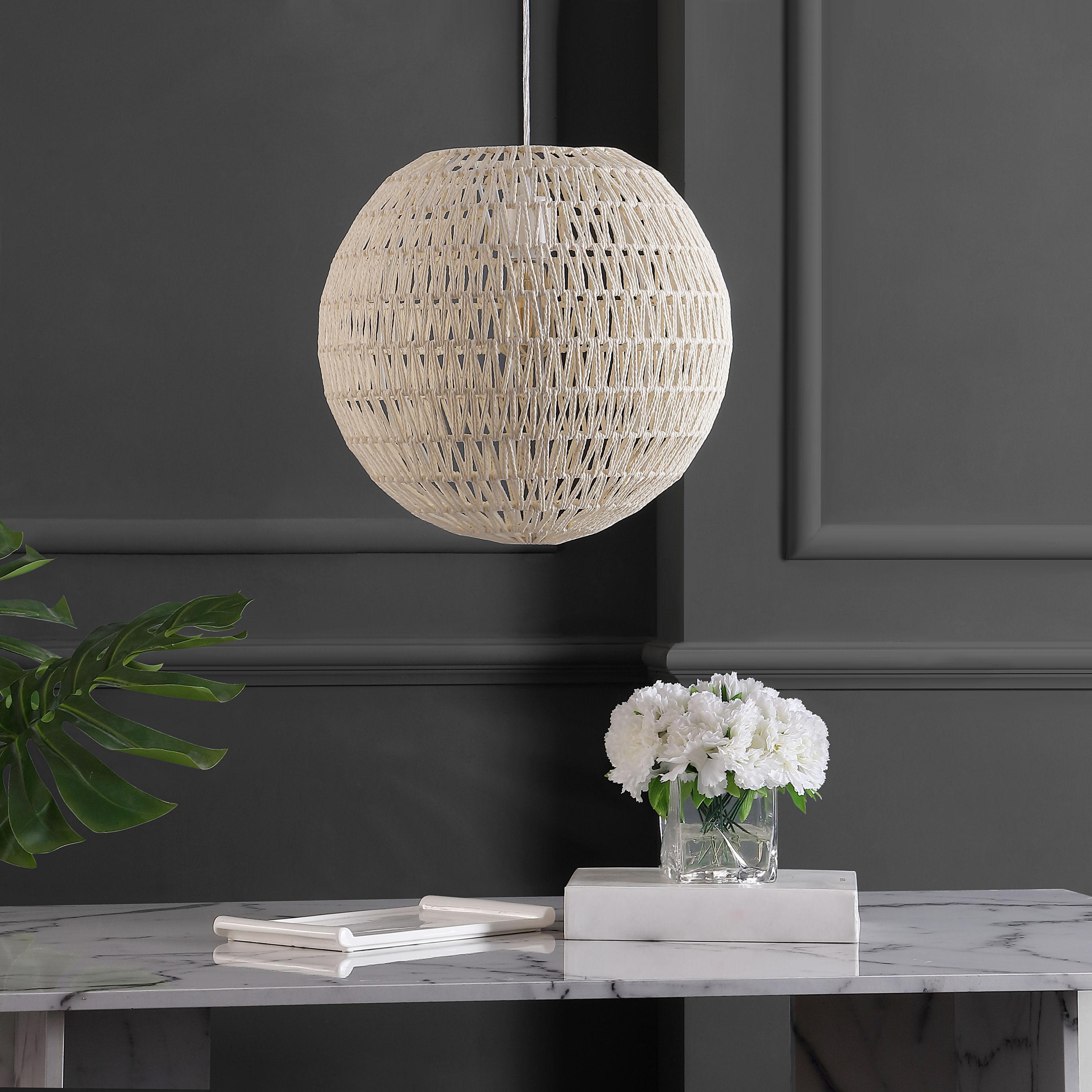 Luna 15.75" 1-Light Bohemian Modern Woven Rattan/Iron LED Pendant, Cream/White