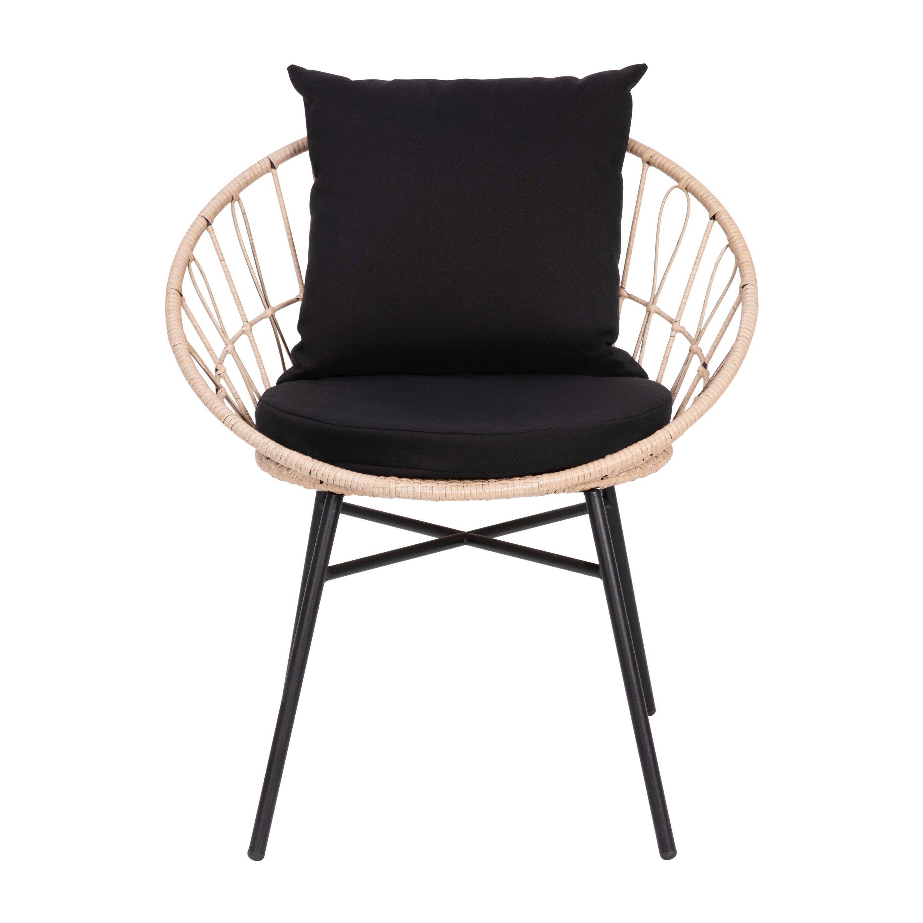 Taylor & Logan Fielder 3-Piece Tan Indoor/Outdoor Bistro Set with Papasan Style Rattan Rope Chairs, Glass Top Side Table & Black Cushions