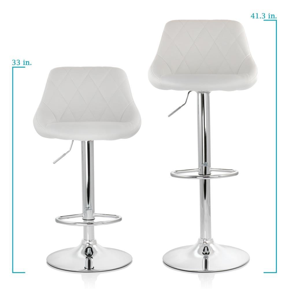 Elama 2 Piece Diamond Stitched Faux Leather Bar Stool in White with Chrome Base  and Adjustable Height