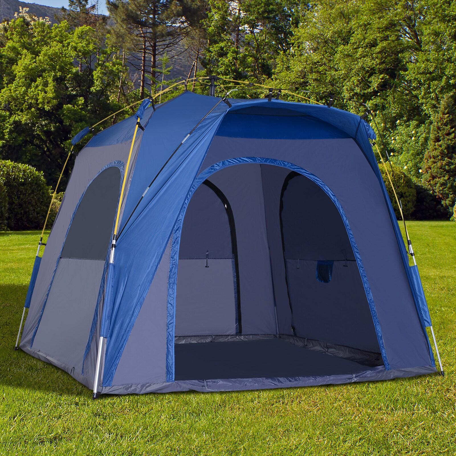 Outsunny Camping Tents 4 Person Pop Up Tent Quick Setup Automatic Hydraulic Family Travel Tent w/ Windows, Doors Carry Bag Included, Blue