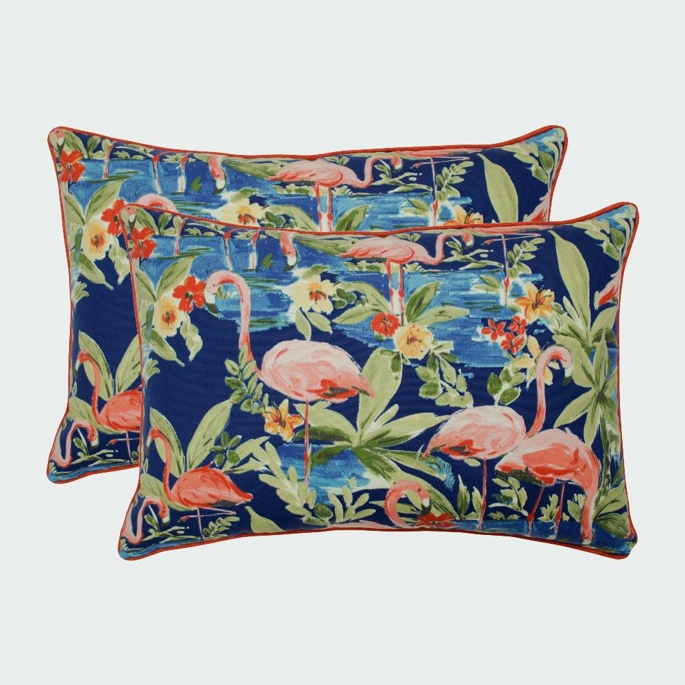 Tropical Flamingo Blue and Green Rectangular Lumbar Pillows, Set of 2