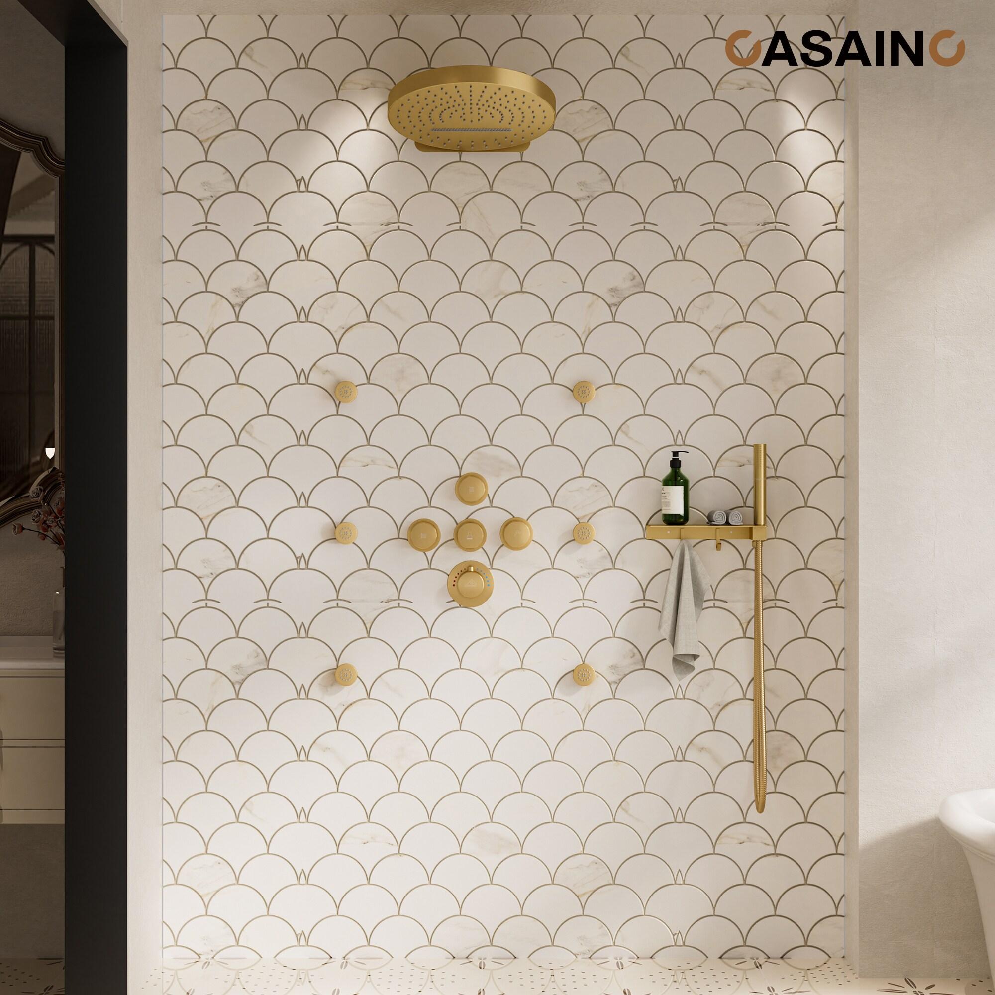 CASAINC Rainfall Thermostatic Shower System with Body Jets, 2-Sprays Shower Head and a Shelf KCHS0005-12BG