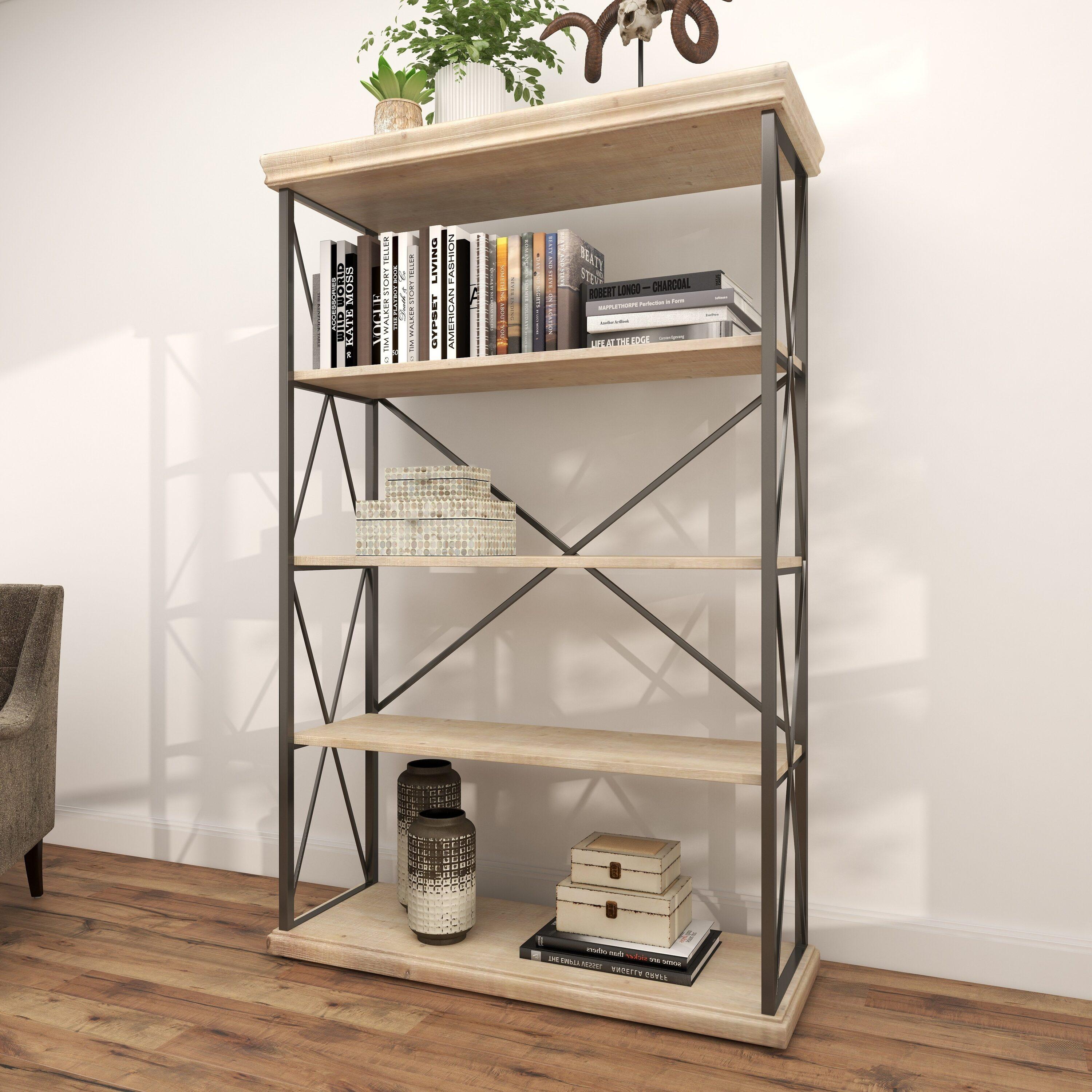 72" Farmhouse 4 Tier Shelf Brown - Olivia & May: Industrial Style Hardwood Bookcase with Storage Bins