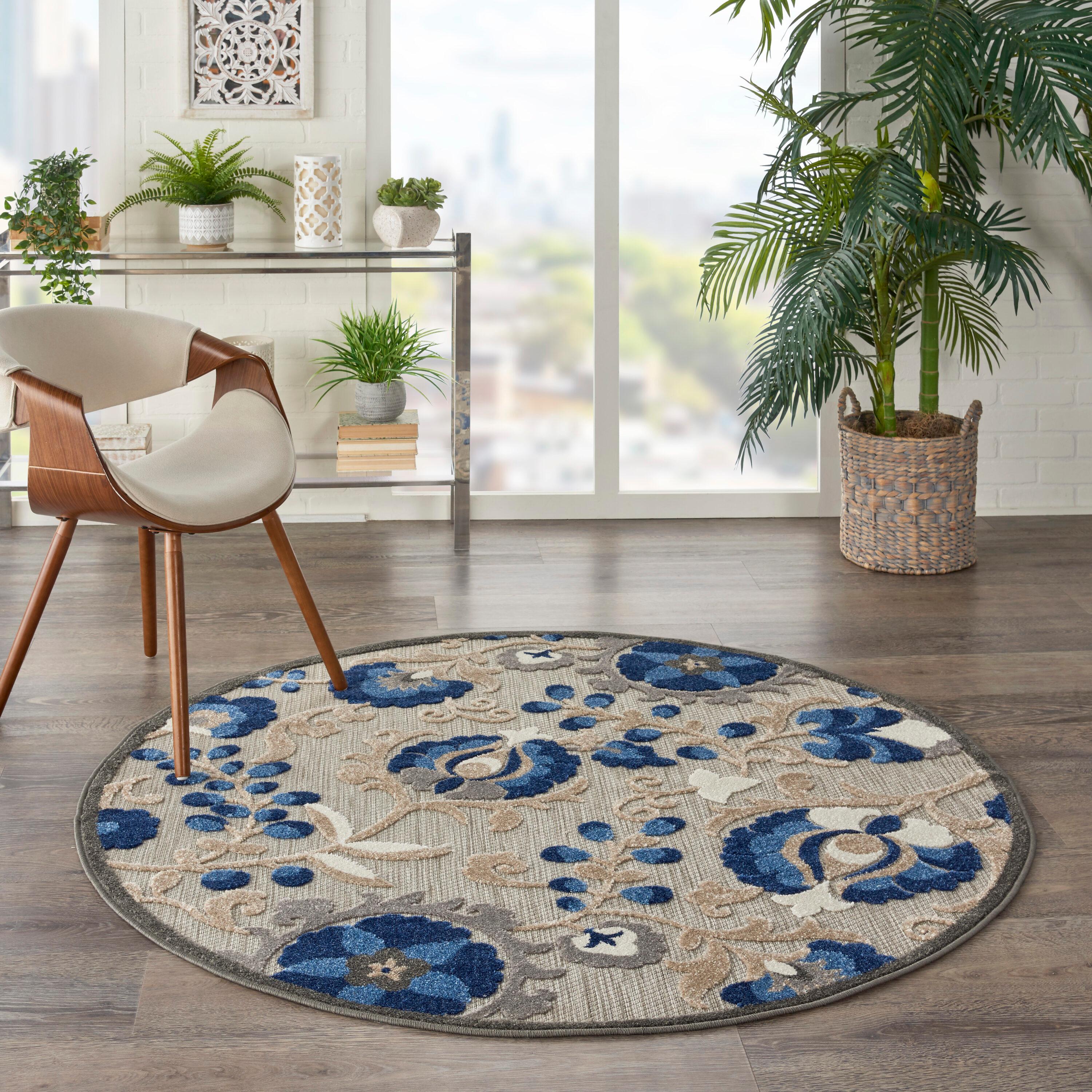 Nourison Aloha Floral Textured Flatweave High-Low Indoor Outdoor Round Rug Natural/Blue 5'3" x 5'3"