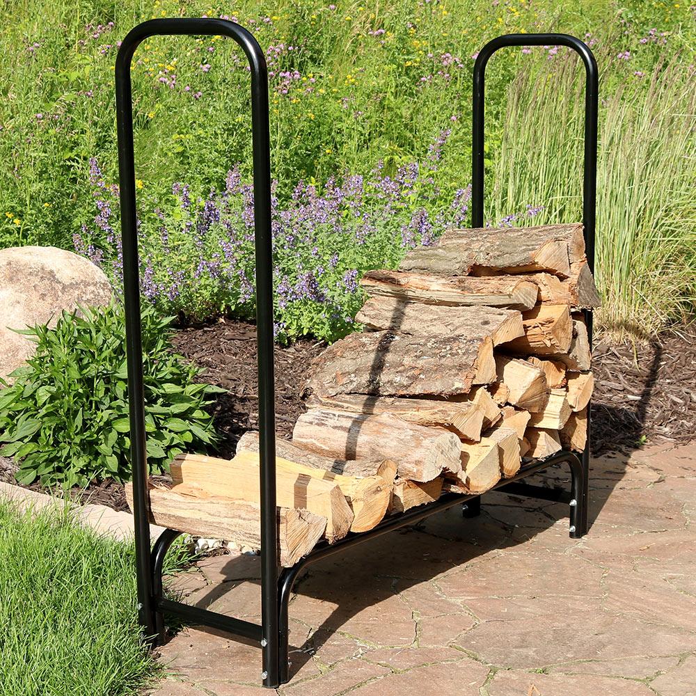 Sunnydaze Outdoor Heavy-Duty Steel Firewood Log Rack Holder and Weather-Resistant Polyester Log Rack Cover - 4' - Black