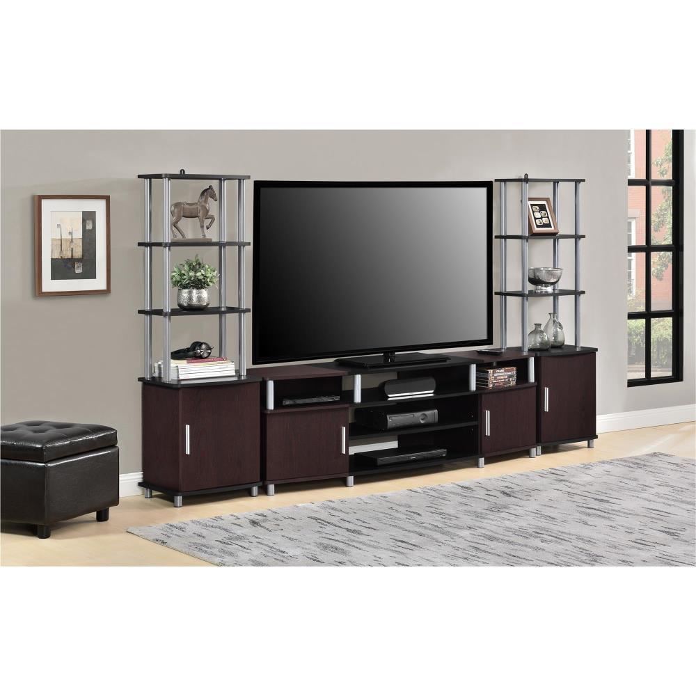 Ameriwood Home Carson TV Stand fits up to 70" with Multiple Open Shelves, Cherry and Black