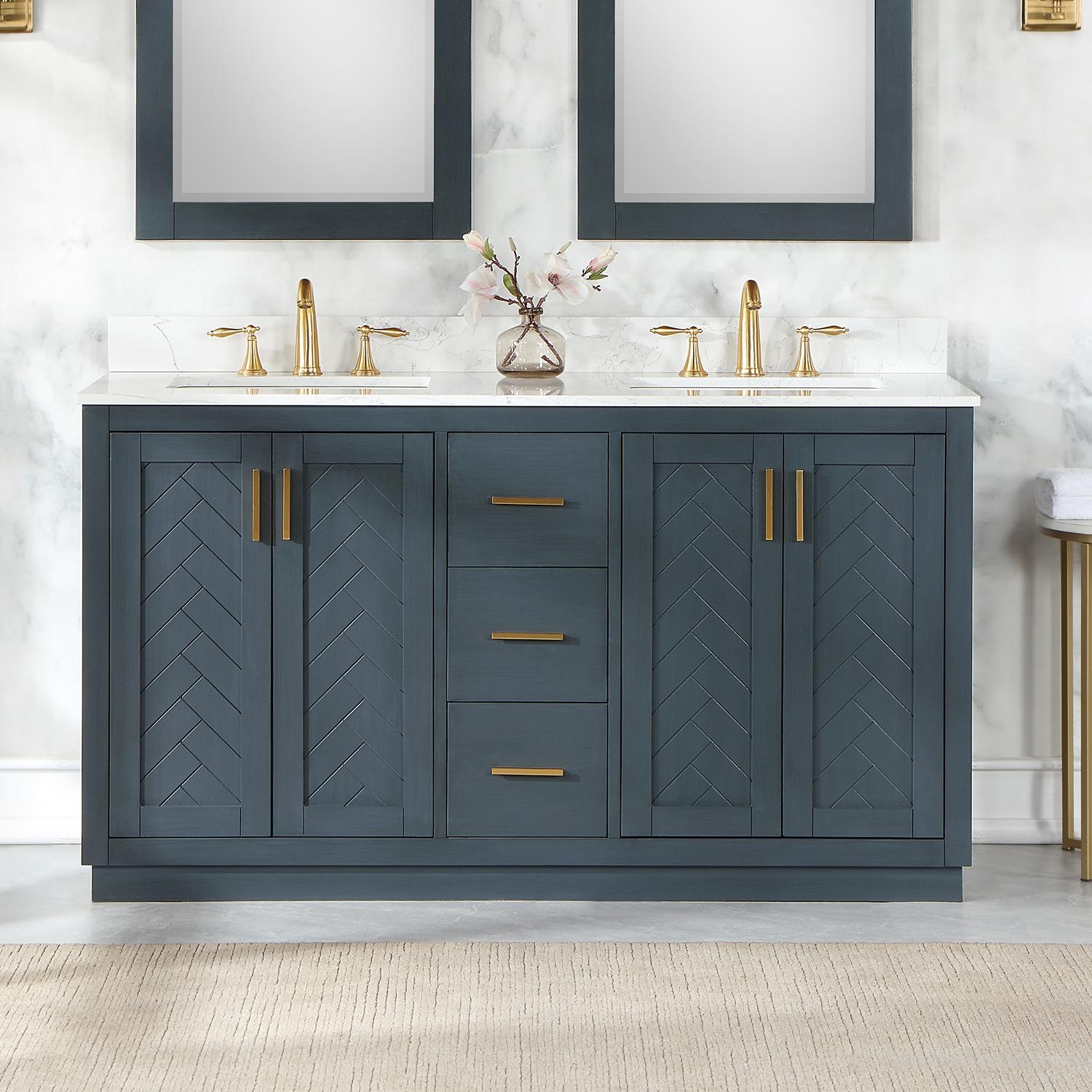 Gazsi 60" Double Bathroom Vanity Set in Charcoal Blue with Grain White Composite Stone Countertop without Mirror