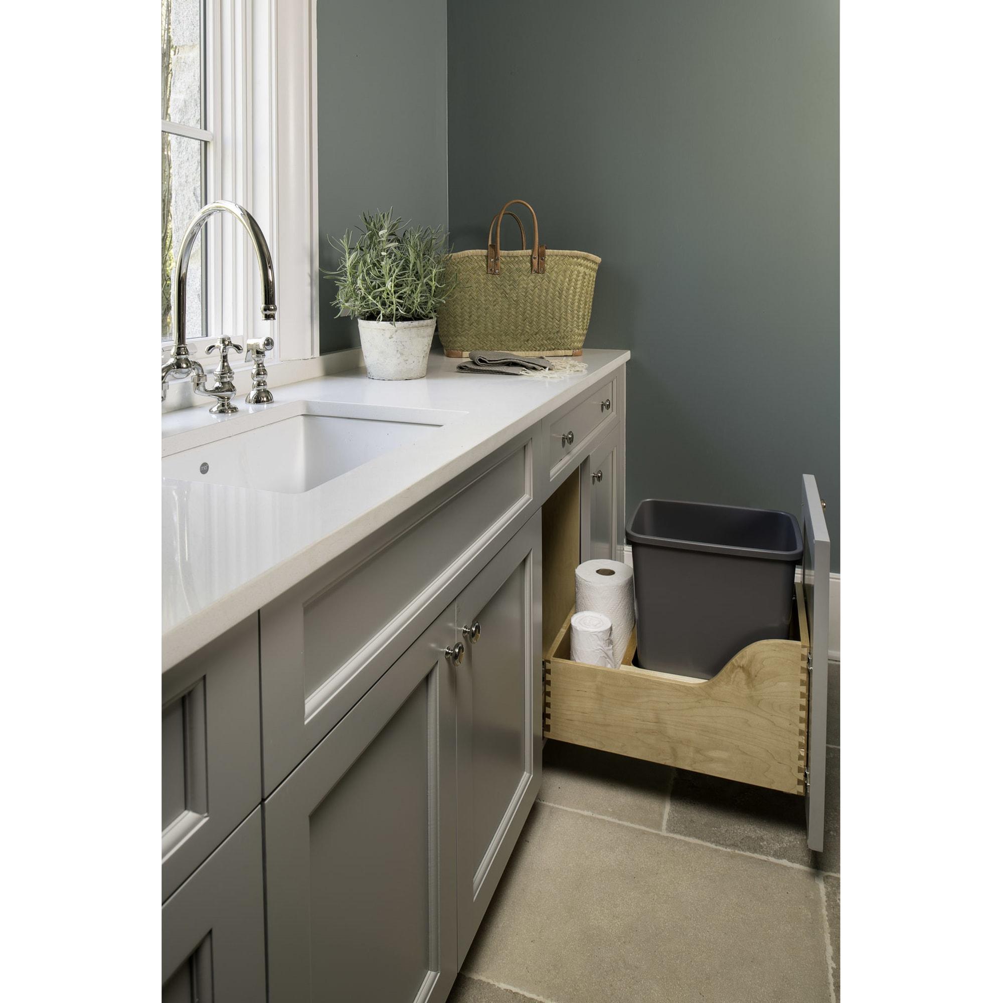 Rev-A-Shelf Pullout Trash Can for Kitchen Cabinets 35 Qt 8.75 Gal Bottom Mounted, Rear Storage, Undermount Soft-Close Slides, Silver, 4WCSC-1535DM-1