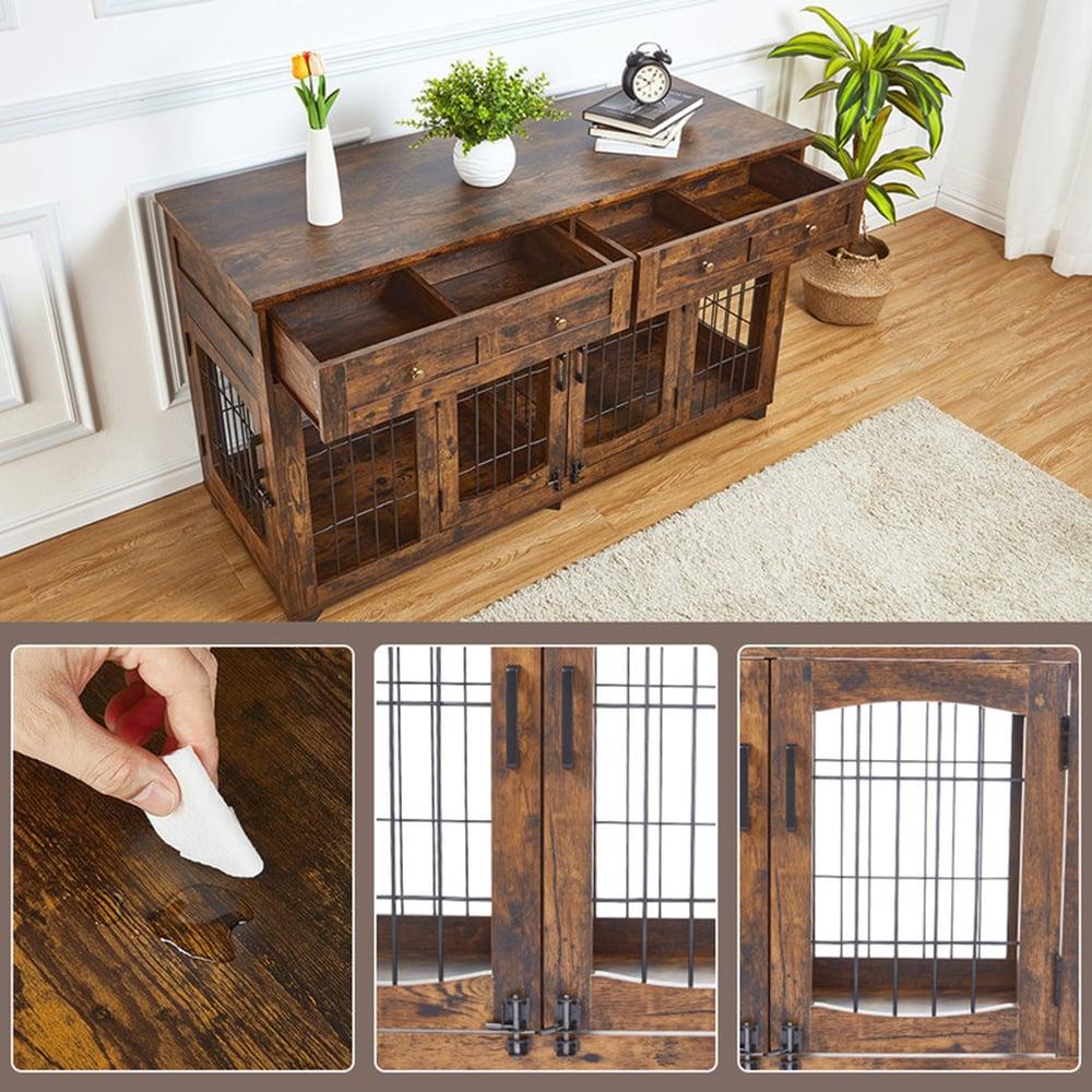Dog Crate Furniture with 5 Doors, 58" Wooden Dog Kennel End Table with Large Capacity Drawers, Dog House with Openable Divider for Small/Medium/Large Dog,Dog Cage,Side End Table,Rustic Brown