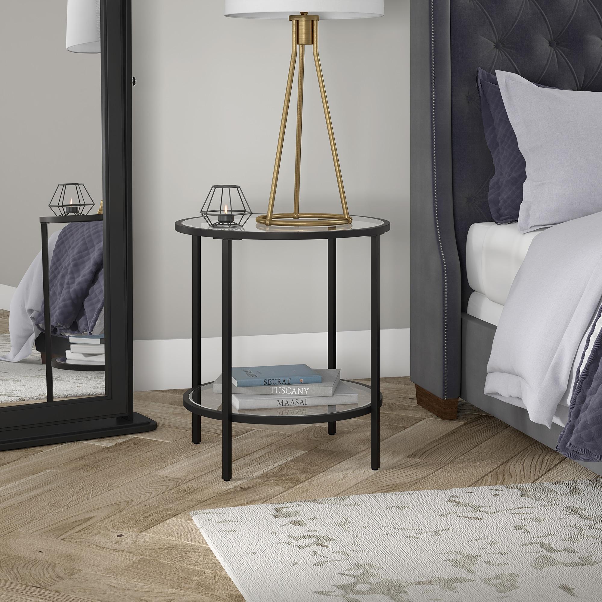 Black Bronze Round Side Table with Glass Shelf - Henn&Hart