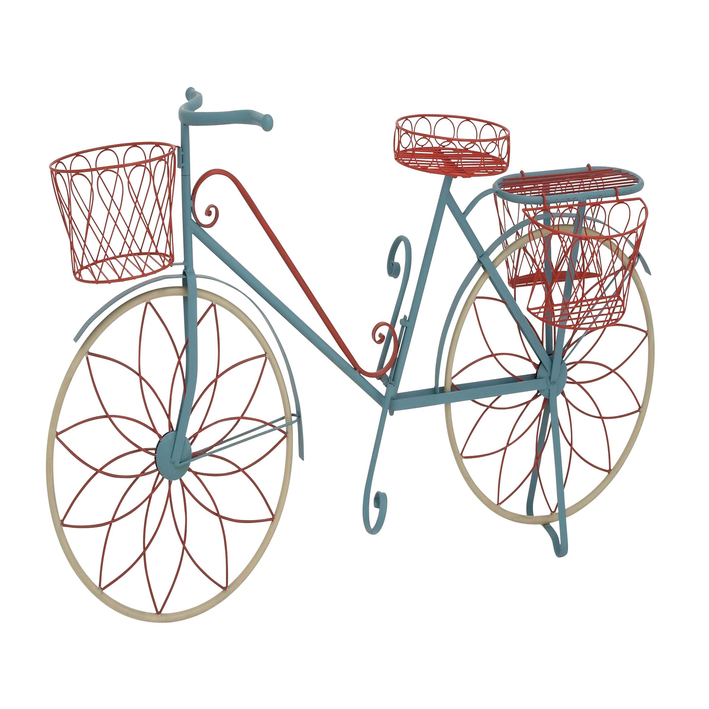 DecMode Vintage Turquoise/Red 3 Tier Bicycle Inspired Metal Plantstand, 54"W x 32"H