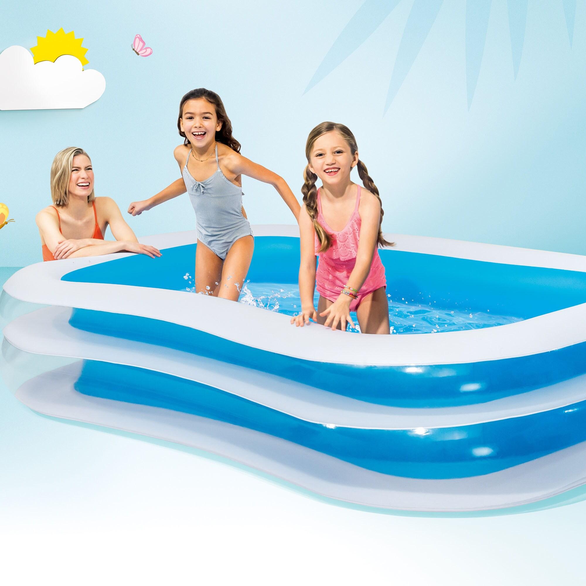 Intex Kool Splash Inflatable Play Center Swimming Pool Water Slide, Blue, and Inflatable 8.5'x5.75' Swim Center Family Pool for 2-3 Kids, Blue & White