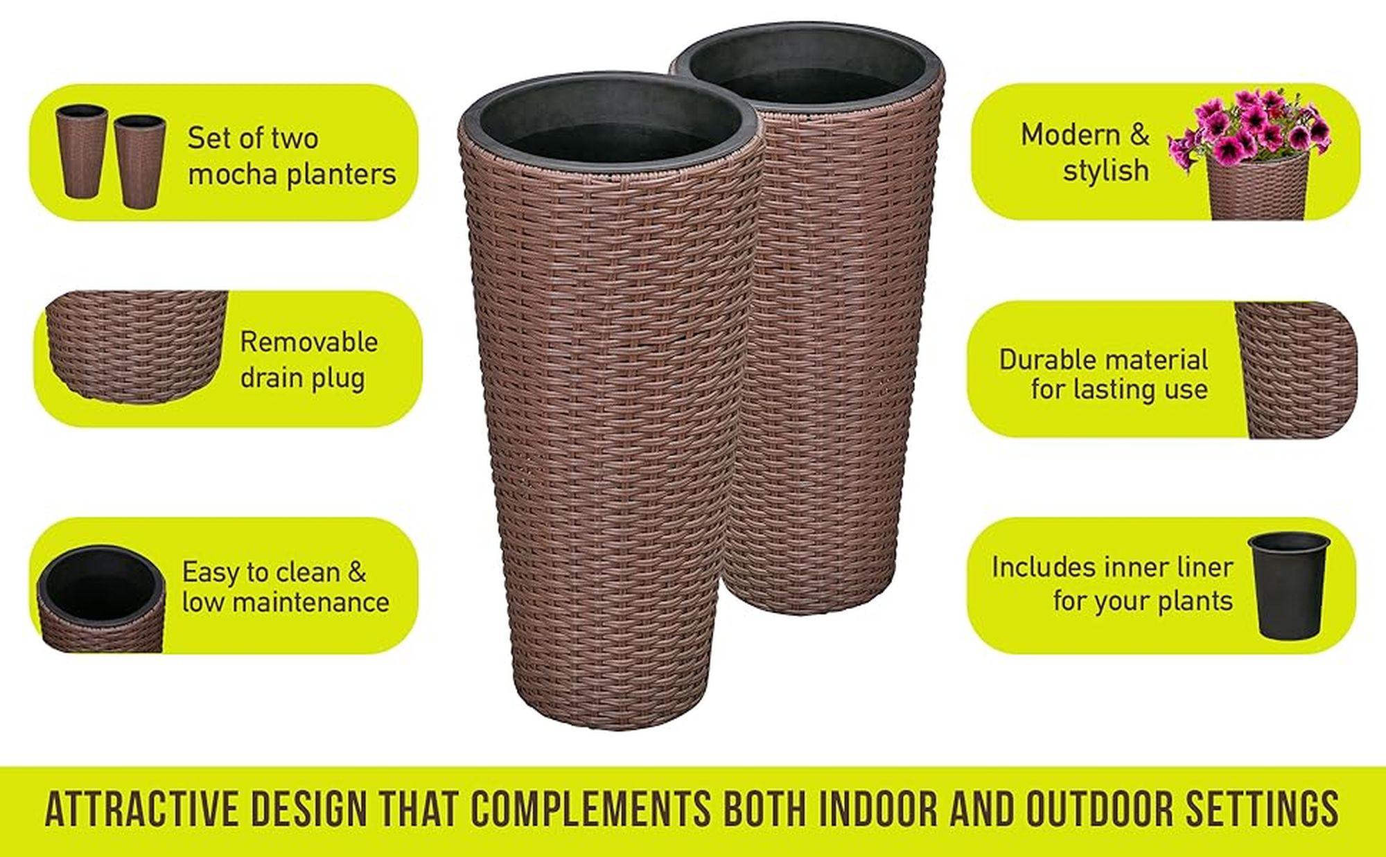 Balkene Home Noah All-Weather Wicker Planter Set with Liners Tall Plant Decor Box for Outdoors & Indoors Patio Herb Garden - 2 Piece Set – Mocha