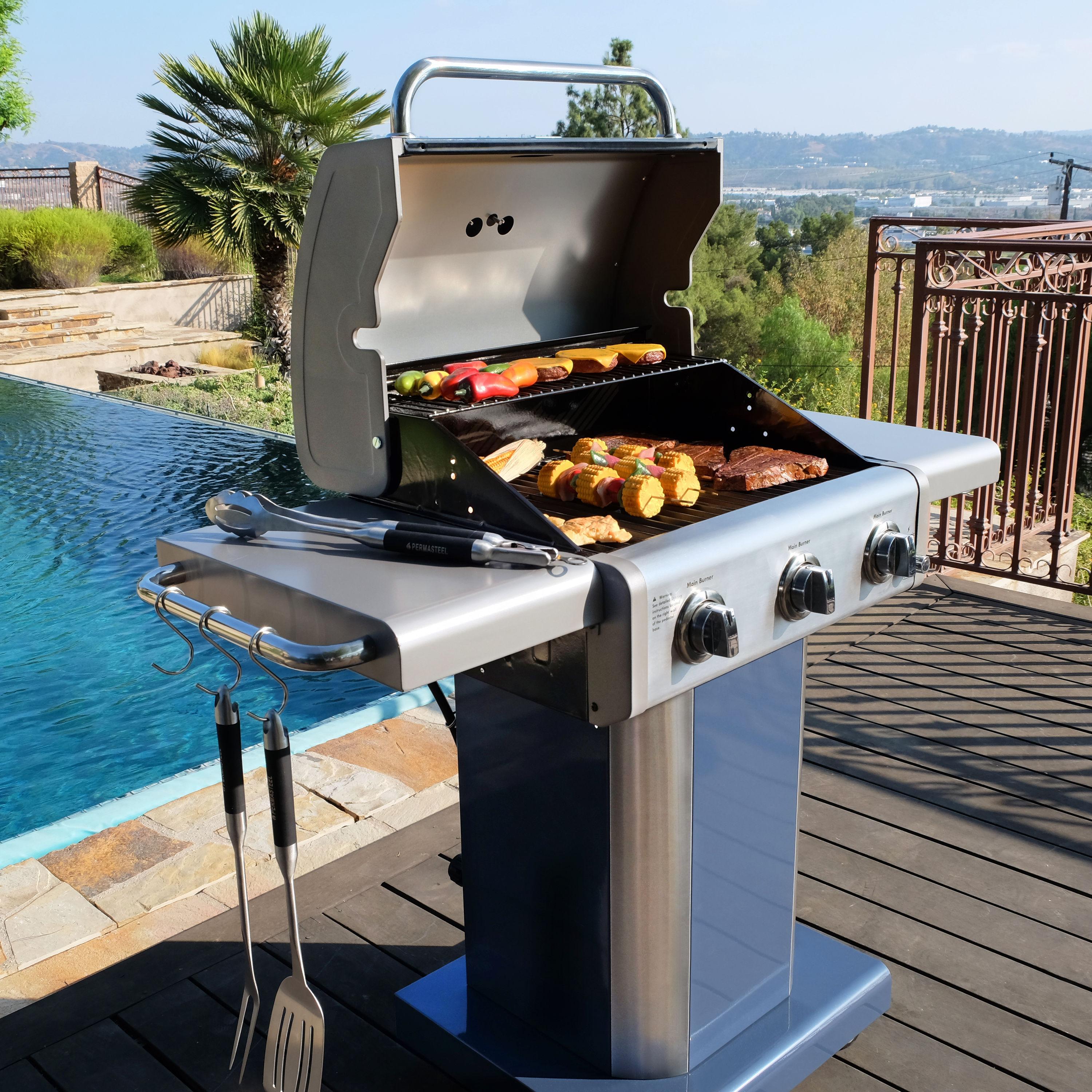 Kenmore 3-Burner Propane Gas Grill with Foldable Side Tables for Outdoor BBQ