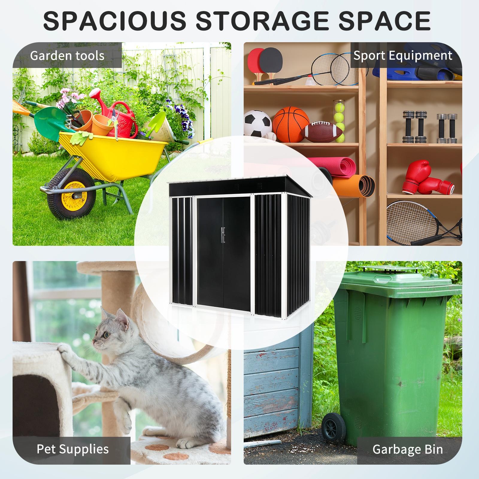 6x4 FT Black Galvanized Iron Outdoor Storage Shed with Sliding Doors