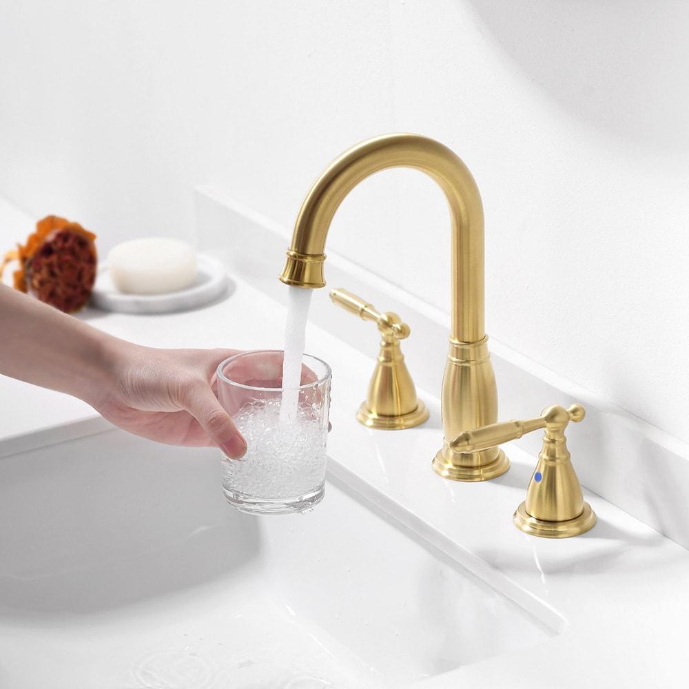 Phiestina Brushed Gold Widespread 2-handle High-arc Commercial/Residential Handle Bathroom Sink Faucet with Drain