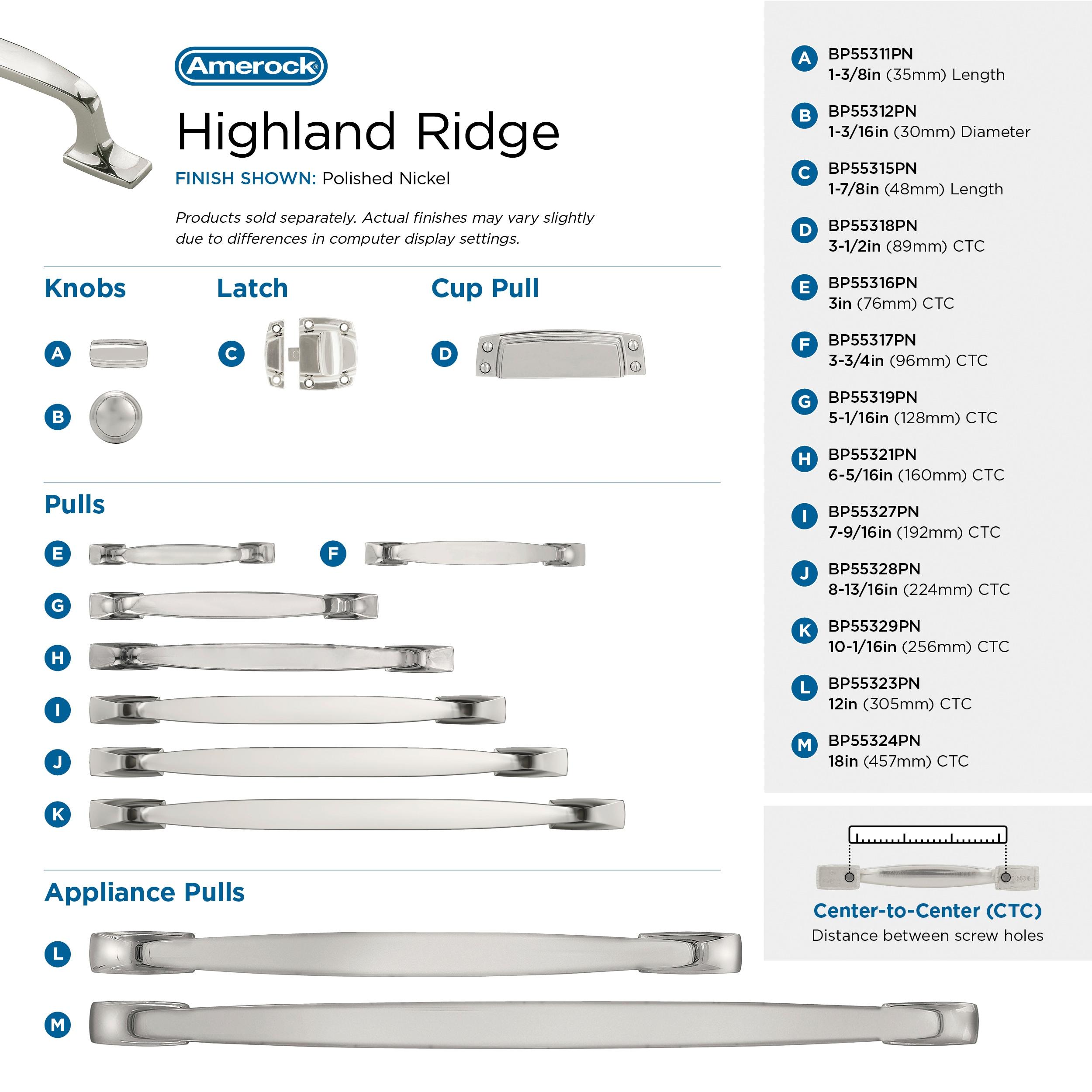 Amerock Highland Ridge 10-1/16 inch (256mm) Center-to-Center Polished Nickel Cabinet Pull