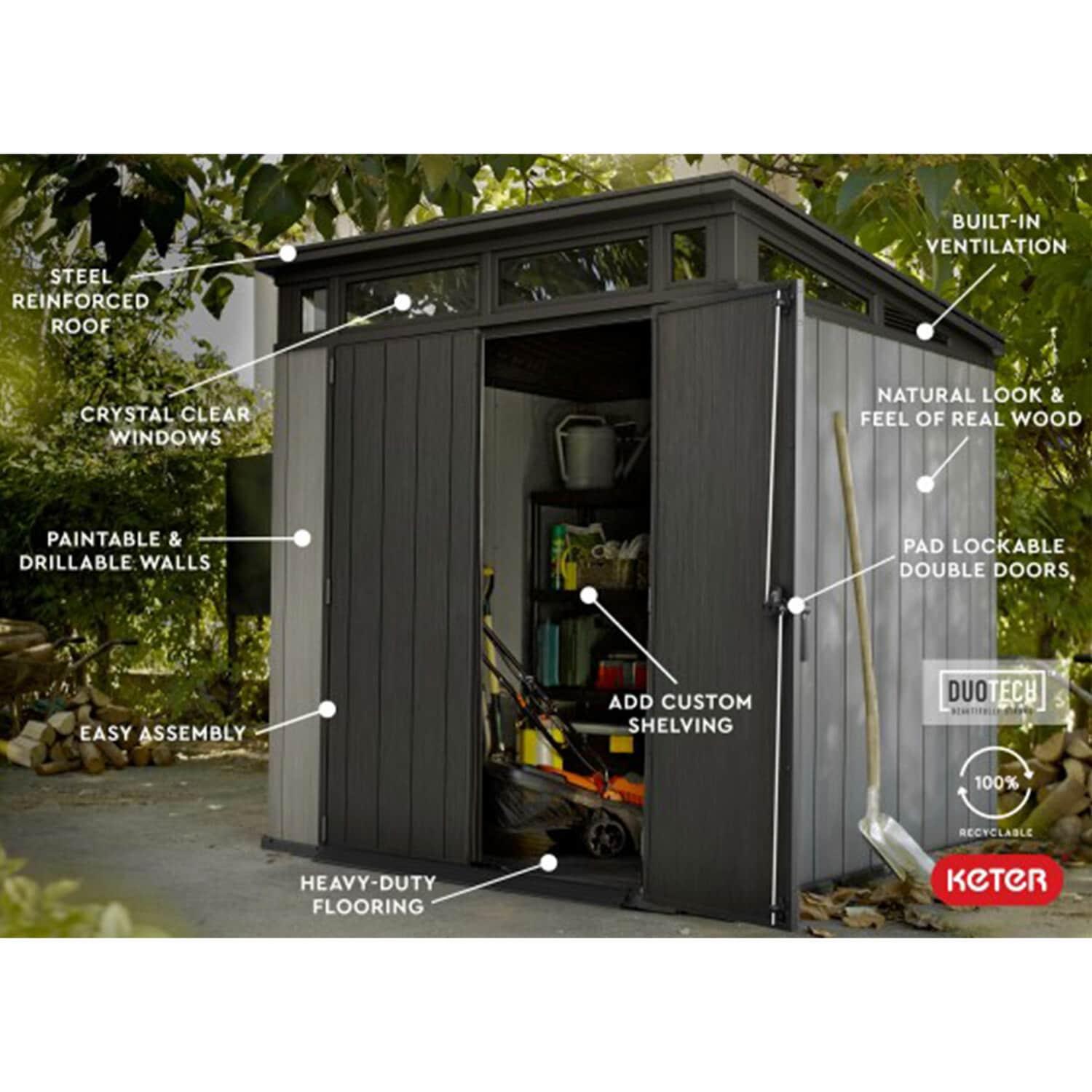 Keter Artisan 7x7 ft. Modern Durable Resin Outdoor Storage Shed With Floor and Double Doors for Garden Patio Furniture and Tools, Grey