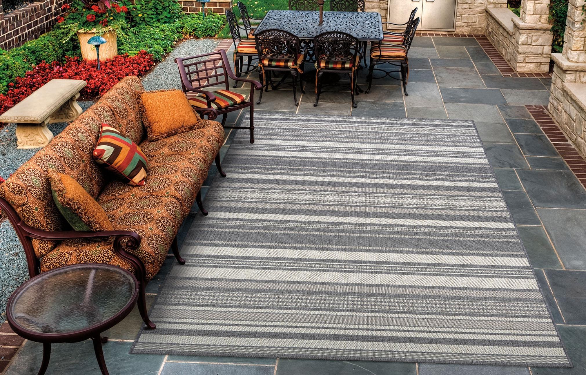 Champagne Grey Striped Flat Woven Indoor Outdoor Rug