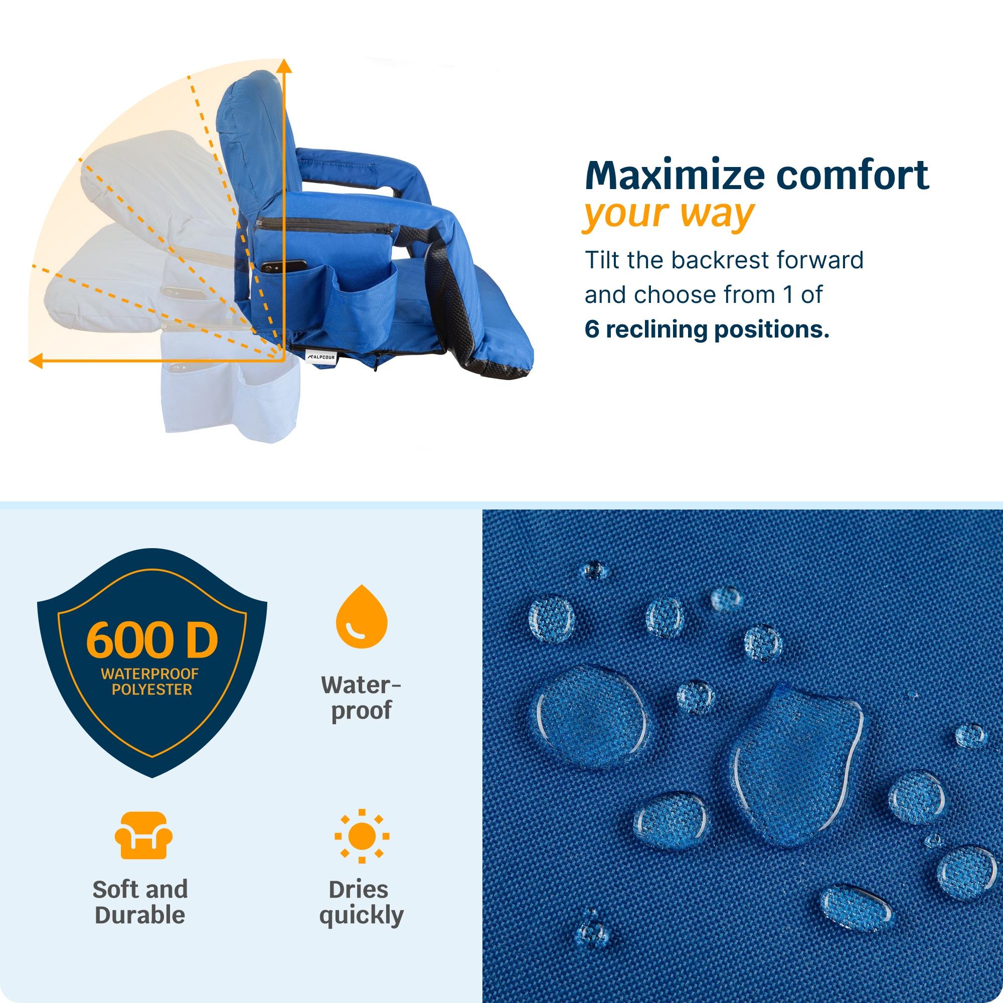 Extra Wide Heated Reclining Stadium Seat - Waterproof Foldable Chair, Thick Padding & Back Support