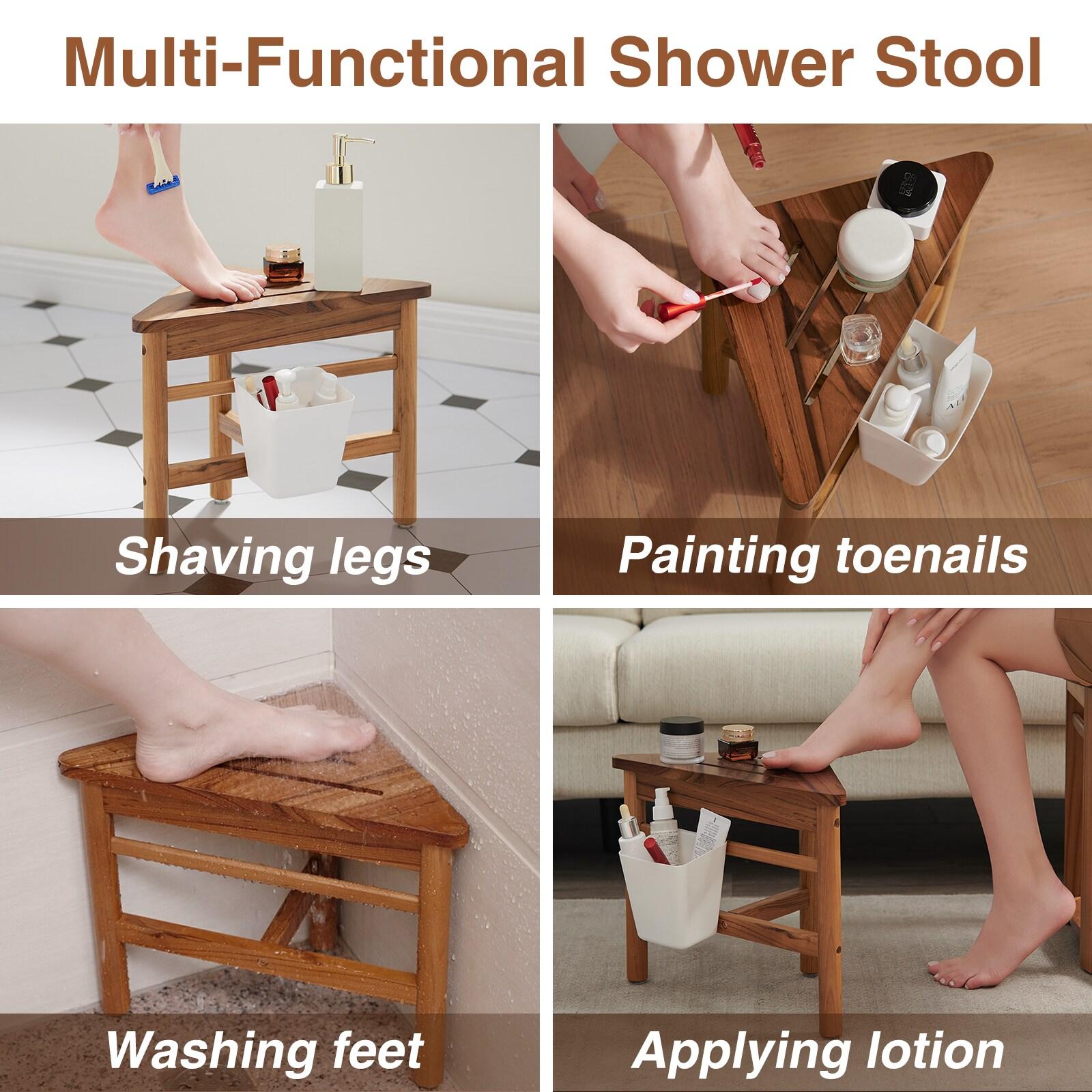 Utopia Alley  12 in. Small Teak Corner Shower Stool with Plastic Storage for Inside Shower, Indoor & Outdoor Use
