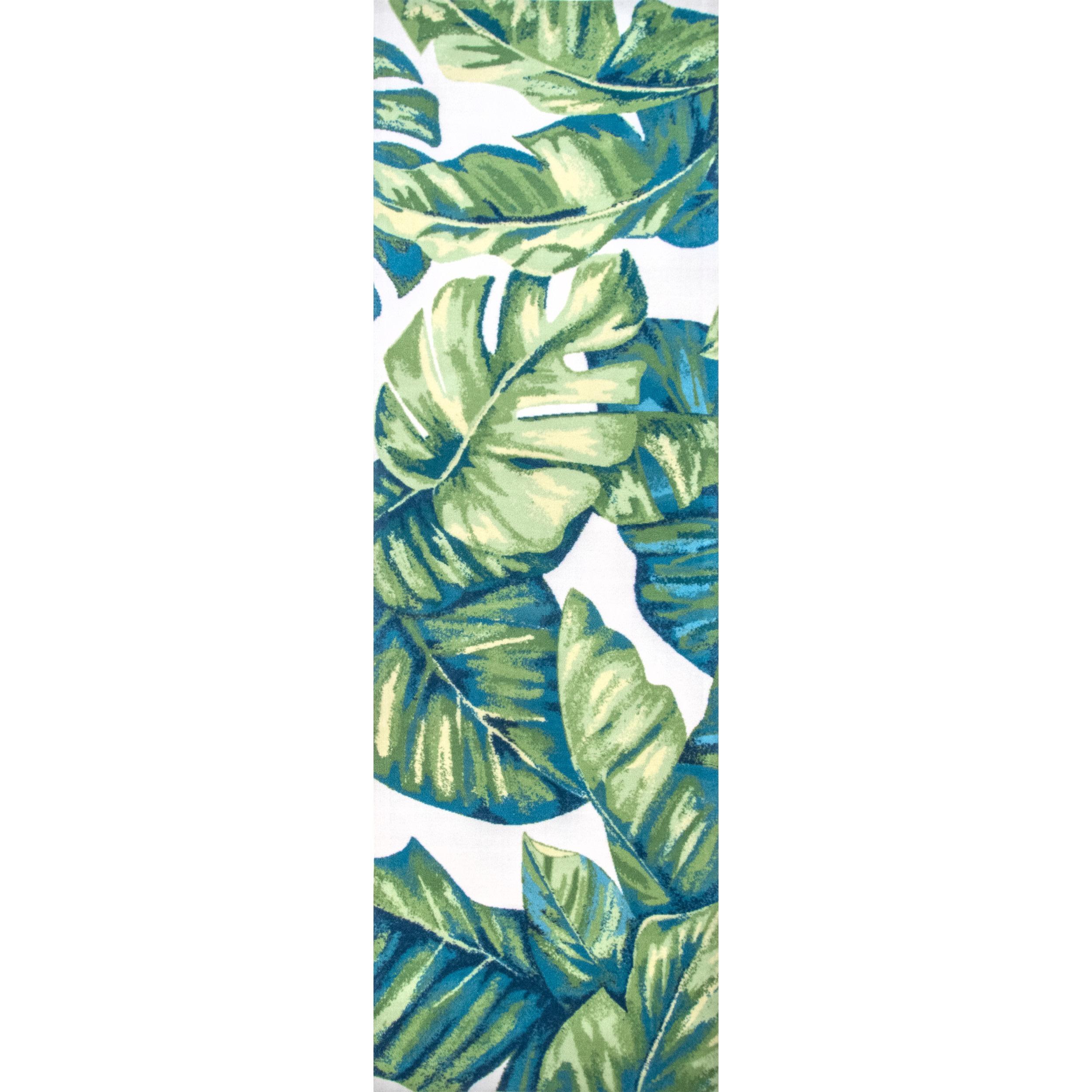 Tropical Leaf Design Reversible Indoor/Outdoor Blue Runner Rug, 2'6" x 10'