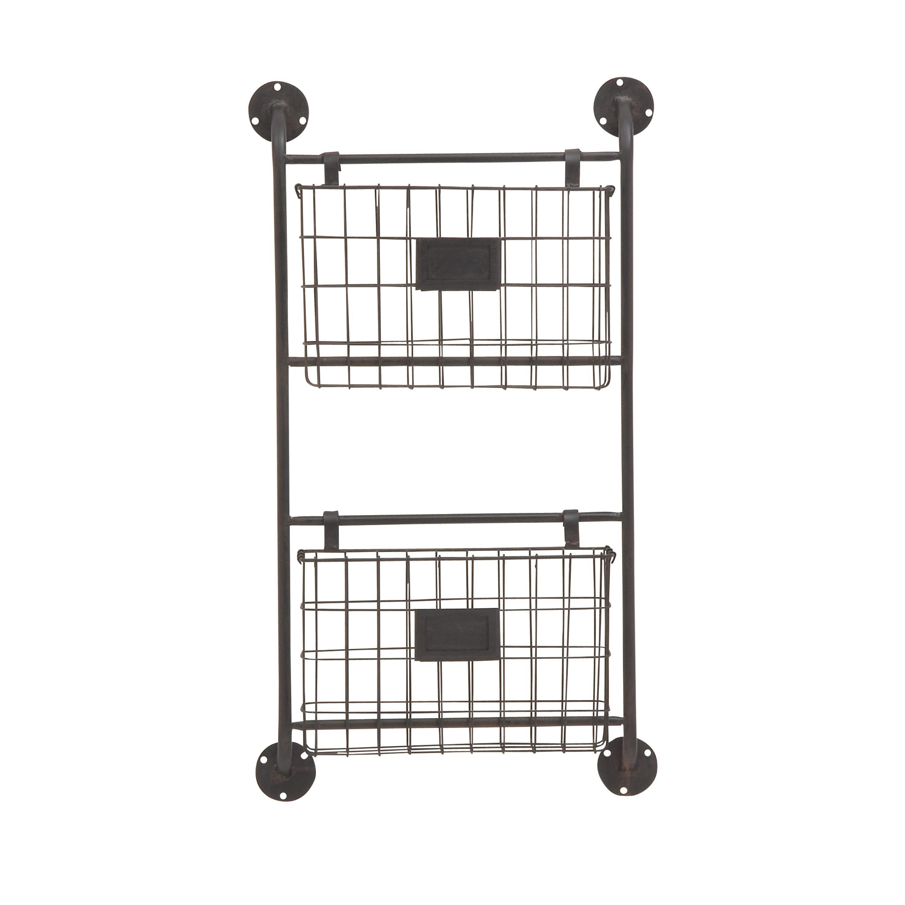 DecMode 28" Black Metal 2 Slots Suspended Wire Basket Magazine Rack Holder with Suspended Baskets and Label Slot