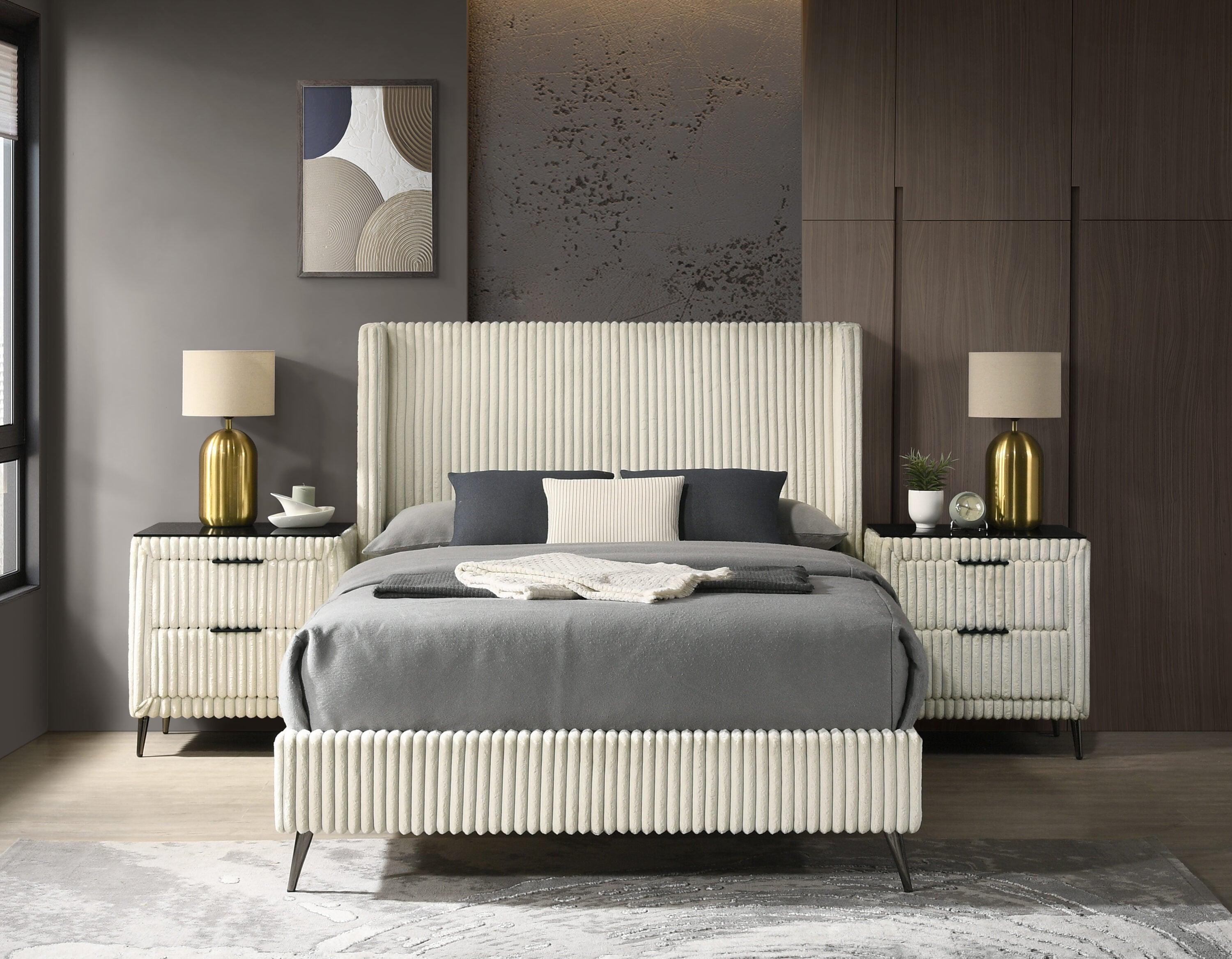 Roundhill Furniture Mavela Wide-wale Corduroy Upholstery Panel Bed with 2 Nightstands and Bench Cream Queen