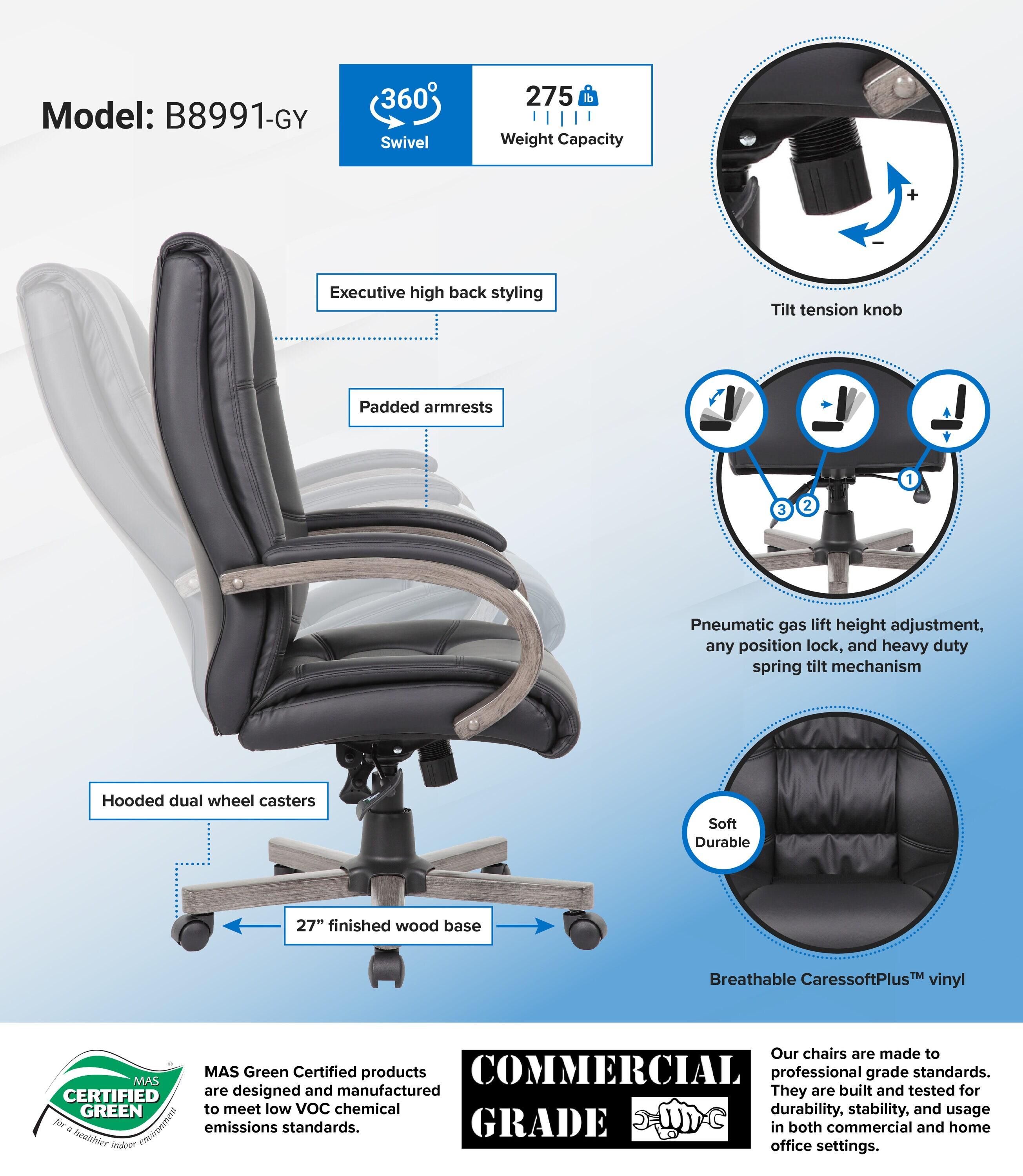 Boss Office Products High Back Wood Finished Executive Chair, Black Upholstery/Grey Wood