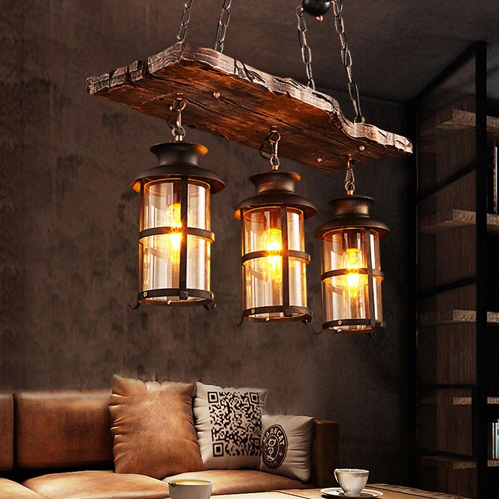 3-Light Rustic Kitchen Island Pendant Lamp Farmhouse Wood Iron Chandelier Industrial Ceiling Hanging Light with Glass Lampshade for Dining Living Room Restaurant Cafe Bar 39.4 x 27 in E26/E27 Base