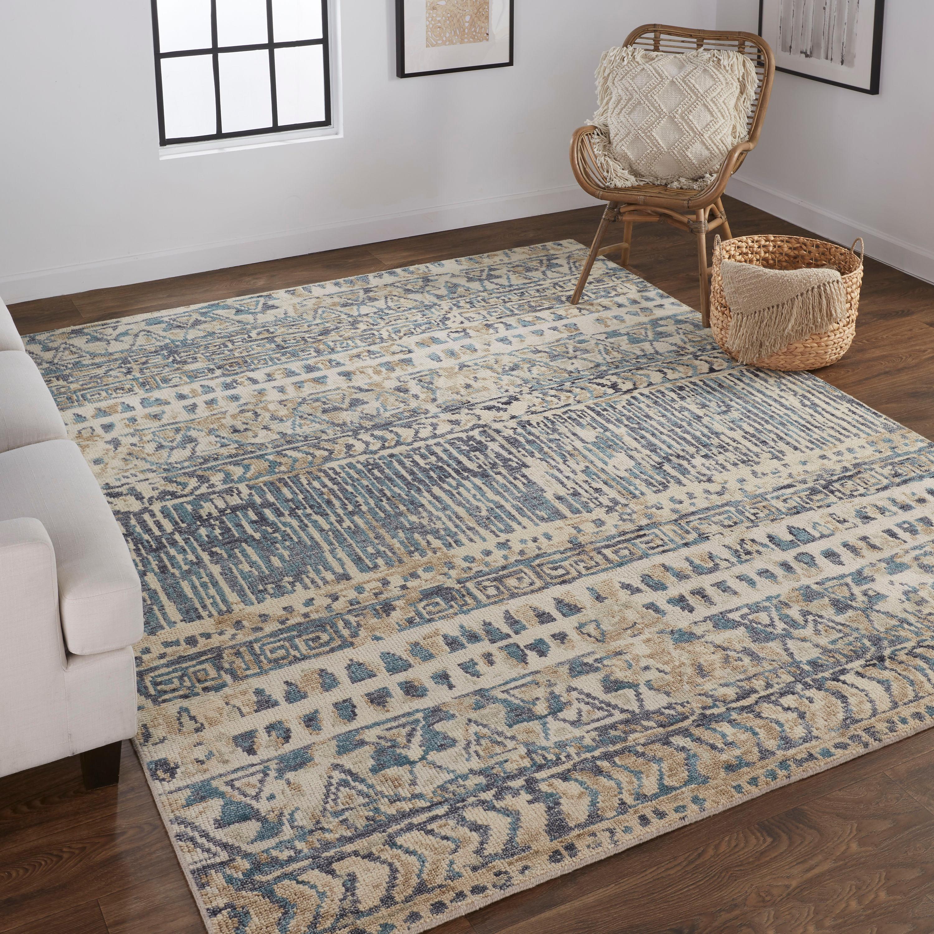 Ivory and Denim Blue Hand-Knotted Wool Abstract Rug