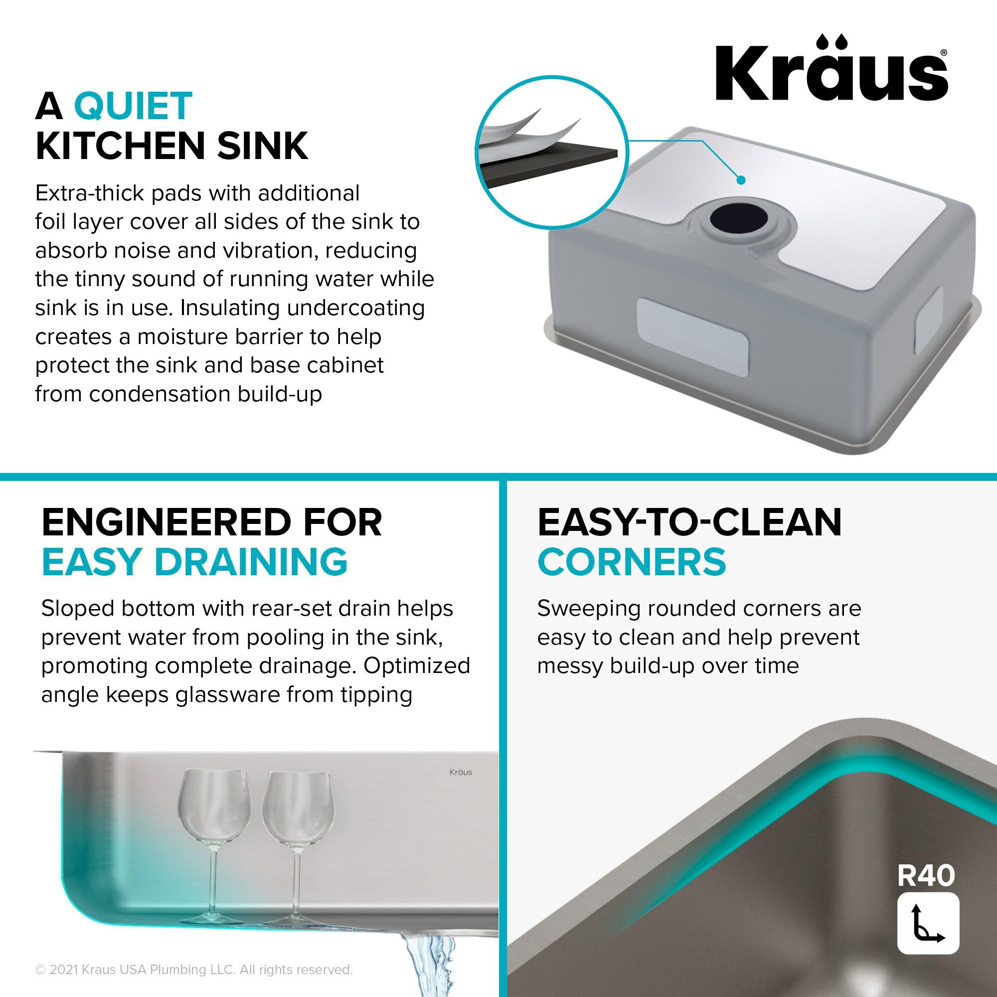 Dex™️ Series KRAUS 25-inch L Undermount Single Bowl TRU16 Gauge Stainless Steel Kitchen Sink with DrainAssure WaterWay