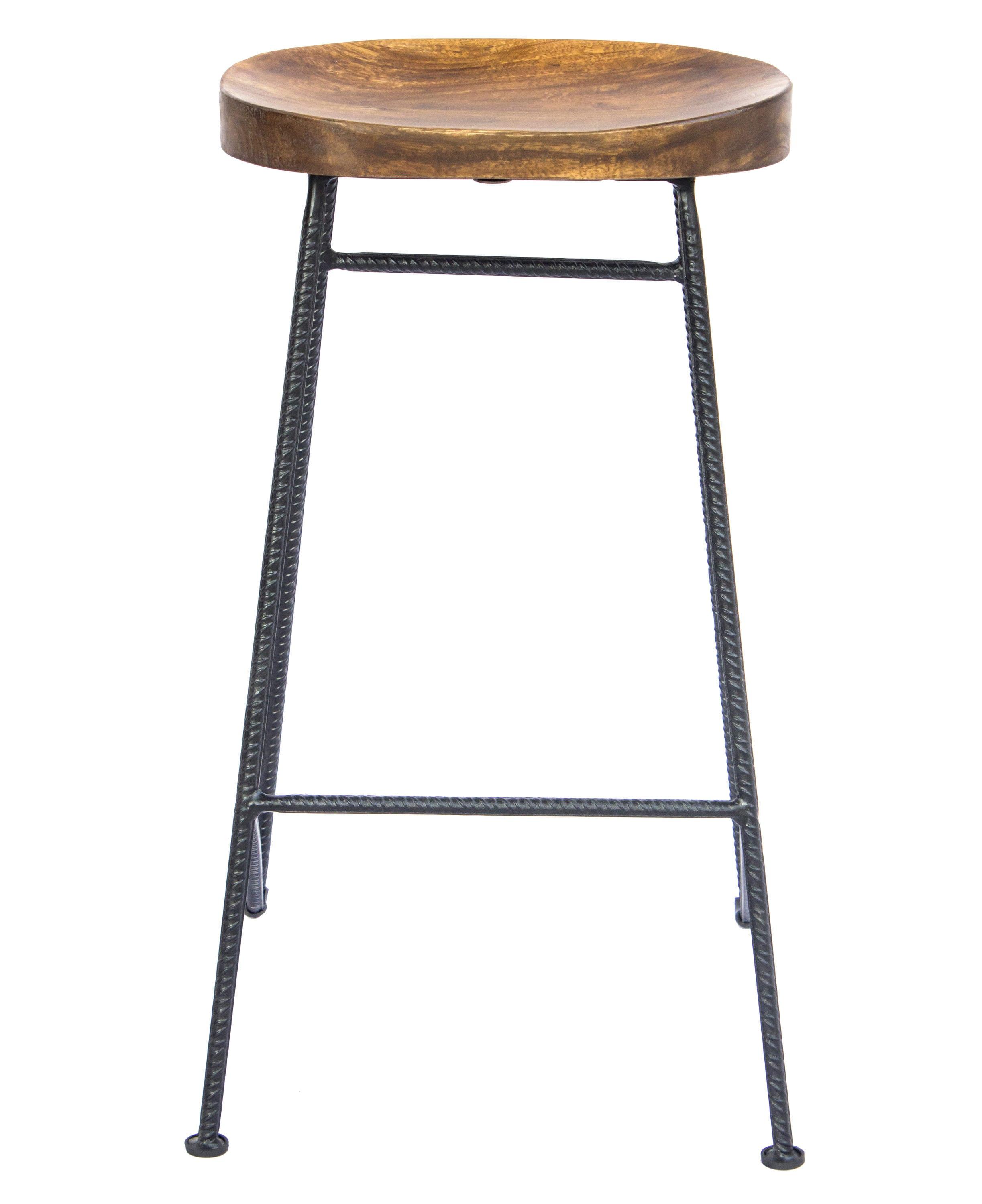 Wooden Saddle Seat Barstool with Iron Rod Legs Brown/Black - The Urban Port: Fixed Height, Polished Finish, Spot Clean