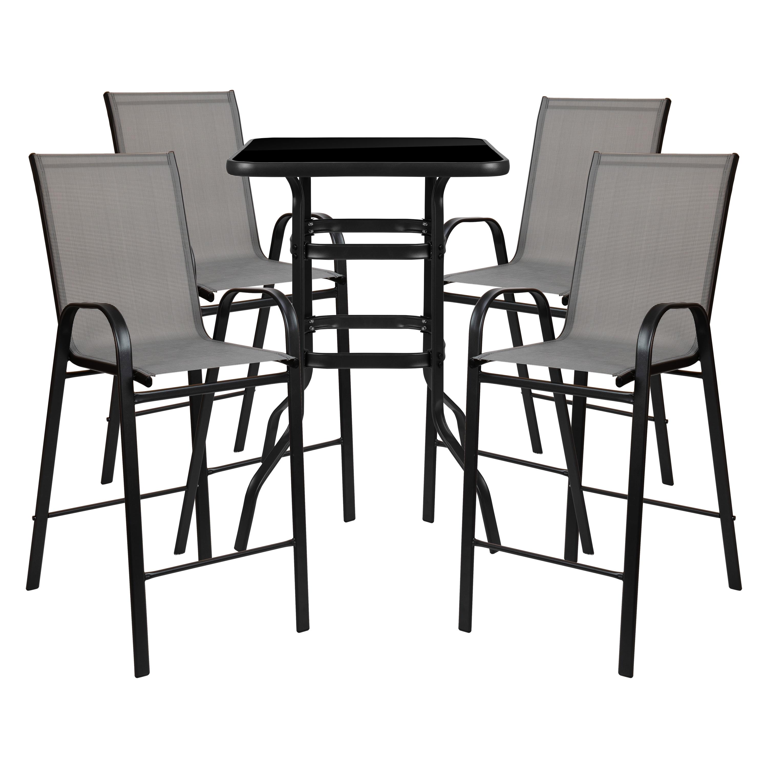 Flash Furniture Outdoor Dining Set - 4-Person Bistro Set - Outdoor Glass Bar Table with Gray All-Weather Patio Stools