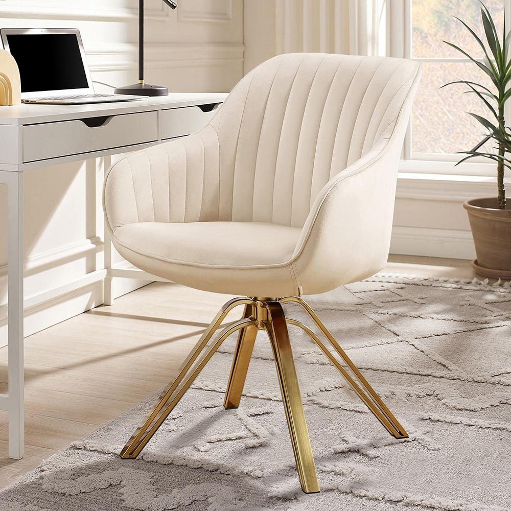 Art Leon Comfortable Velvet Swivel Accent Armchair with Golden Legs, Off White