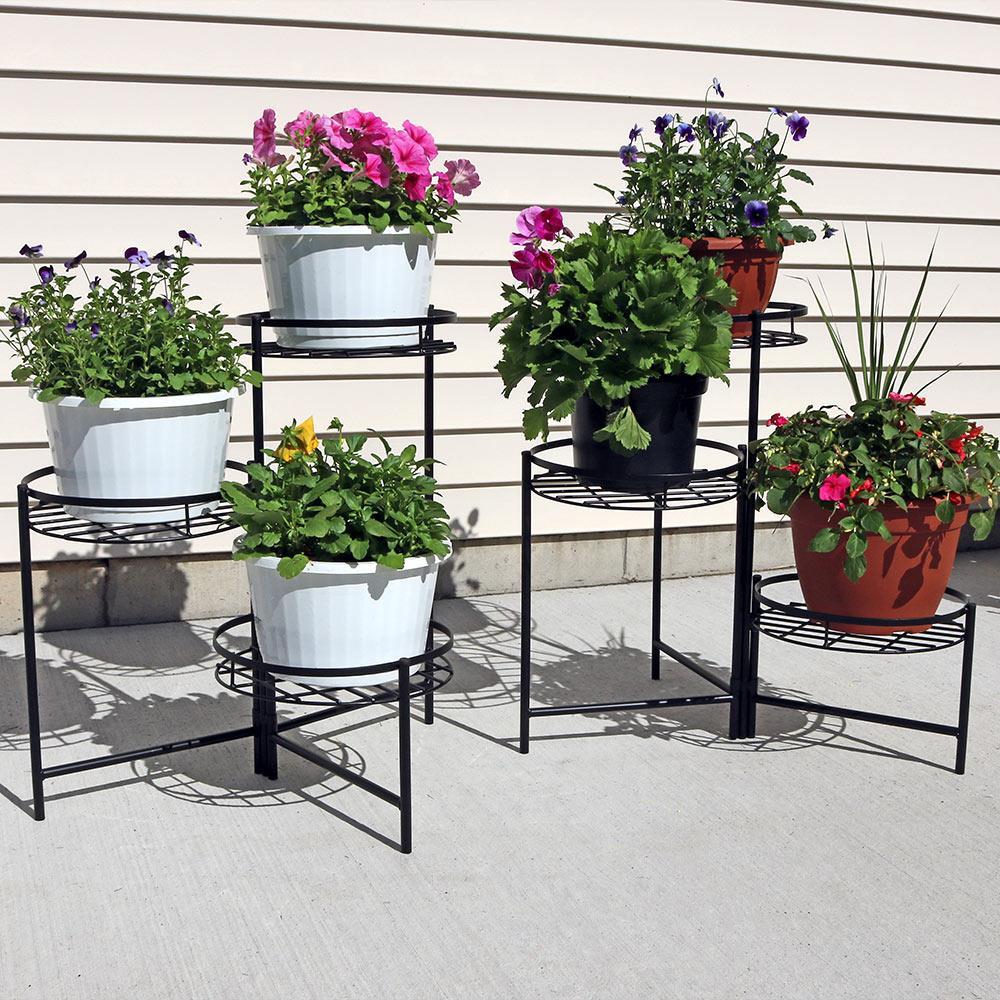 Sunnydaze Iron Metal 3-Tiered Decorative Flower Plant Pot Holder Stand Display - Black - 2pk