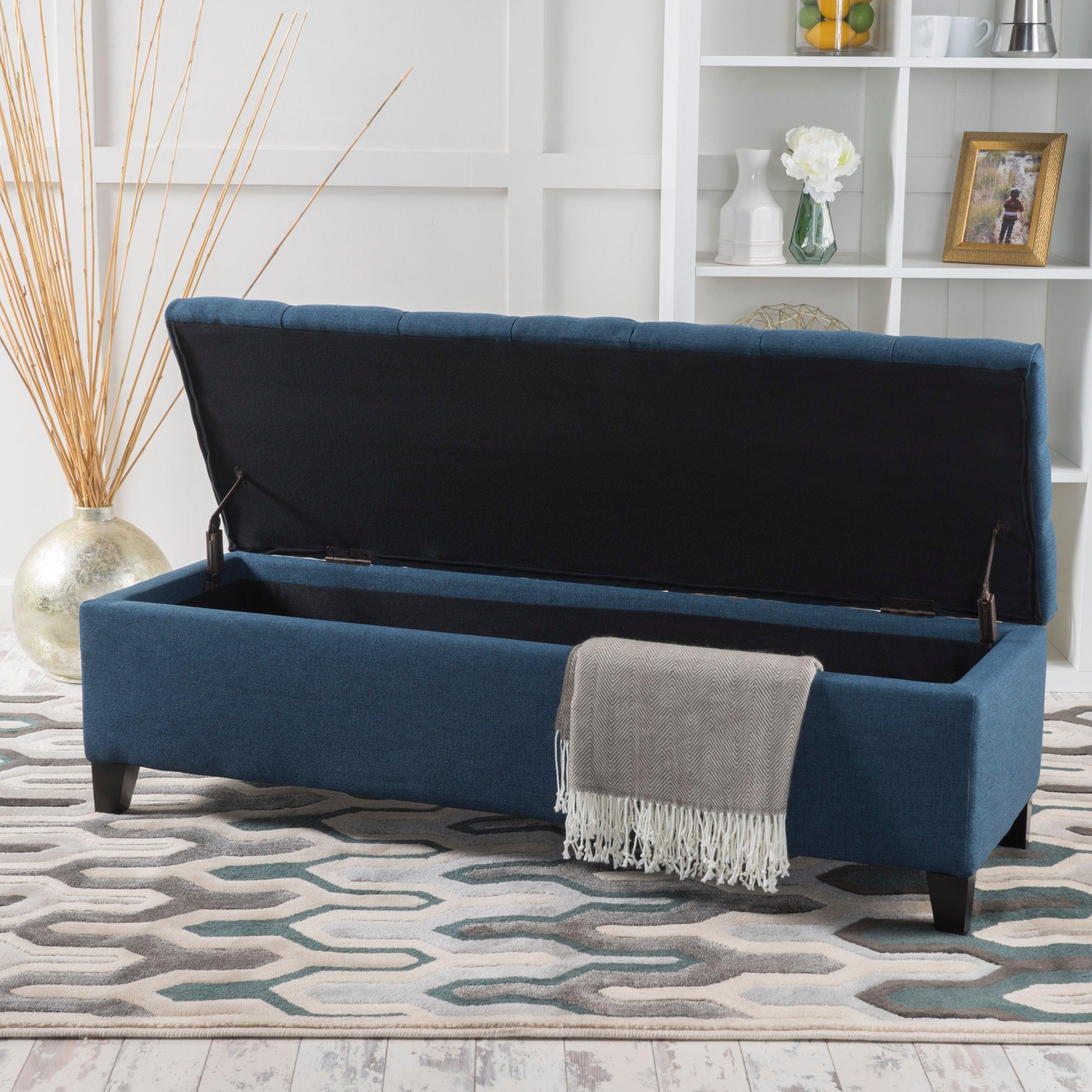 Ottilie Storage Ottoman Dark Blue - Christopher Knight Home: Upholstered Bedroom Seating with Tufted Lid