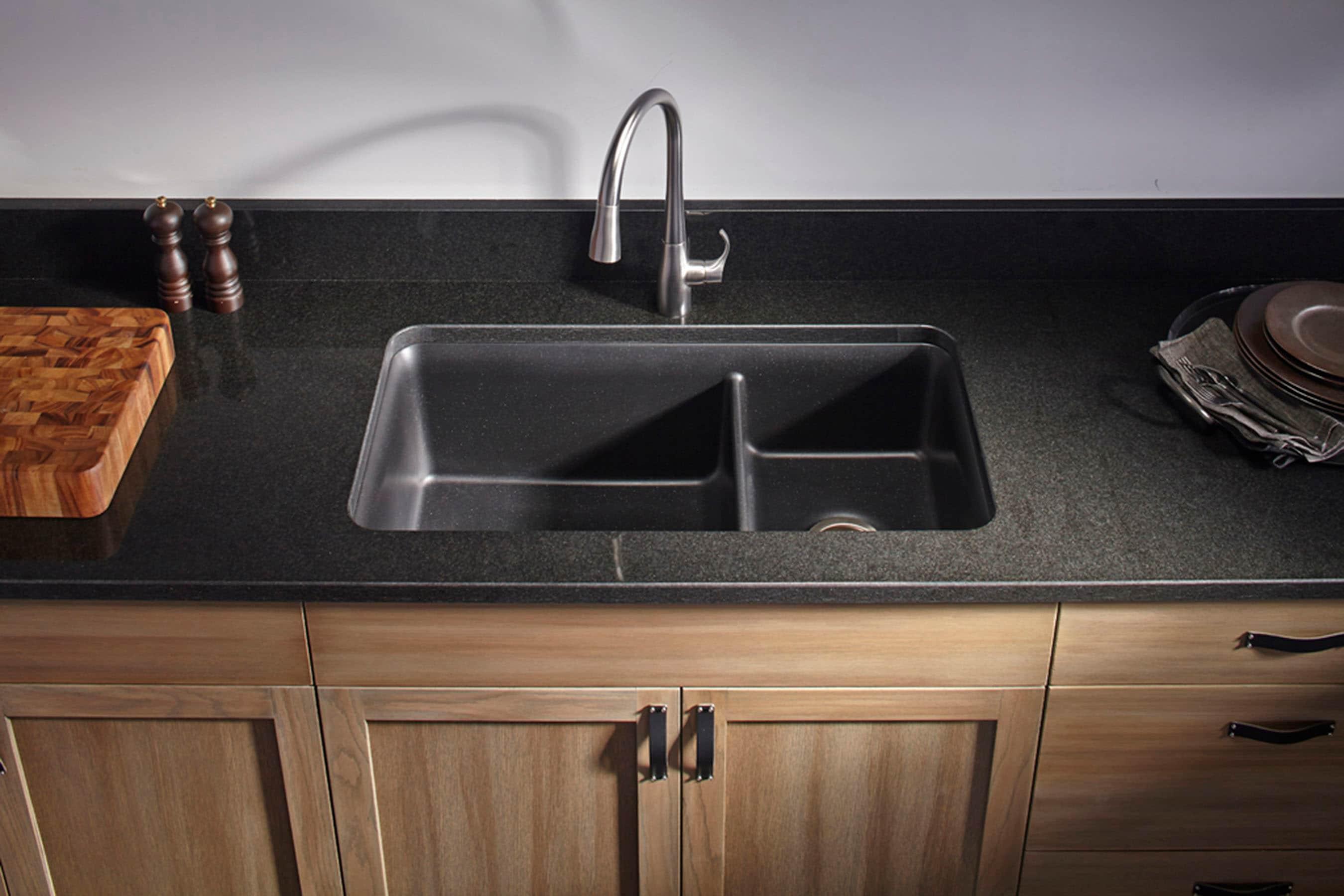KOHLER K-8204-CM1 Cairn Sink, 33" Neoroc Composite Undermount Double-Bowl Kitchen Sink, Composite Kitchen Sink with Sink Rack, Matte Black