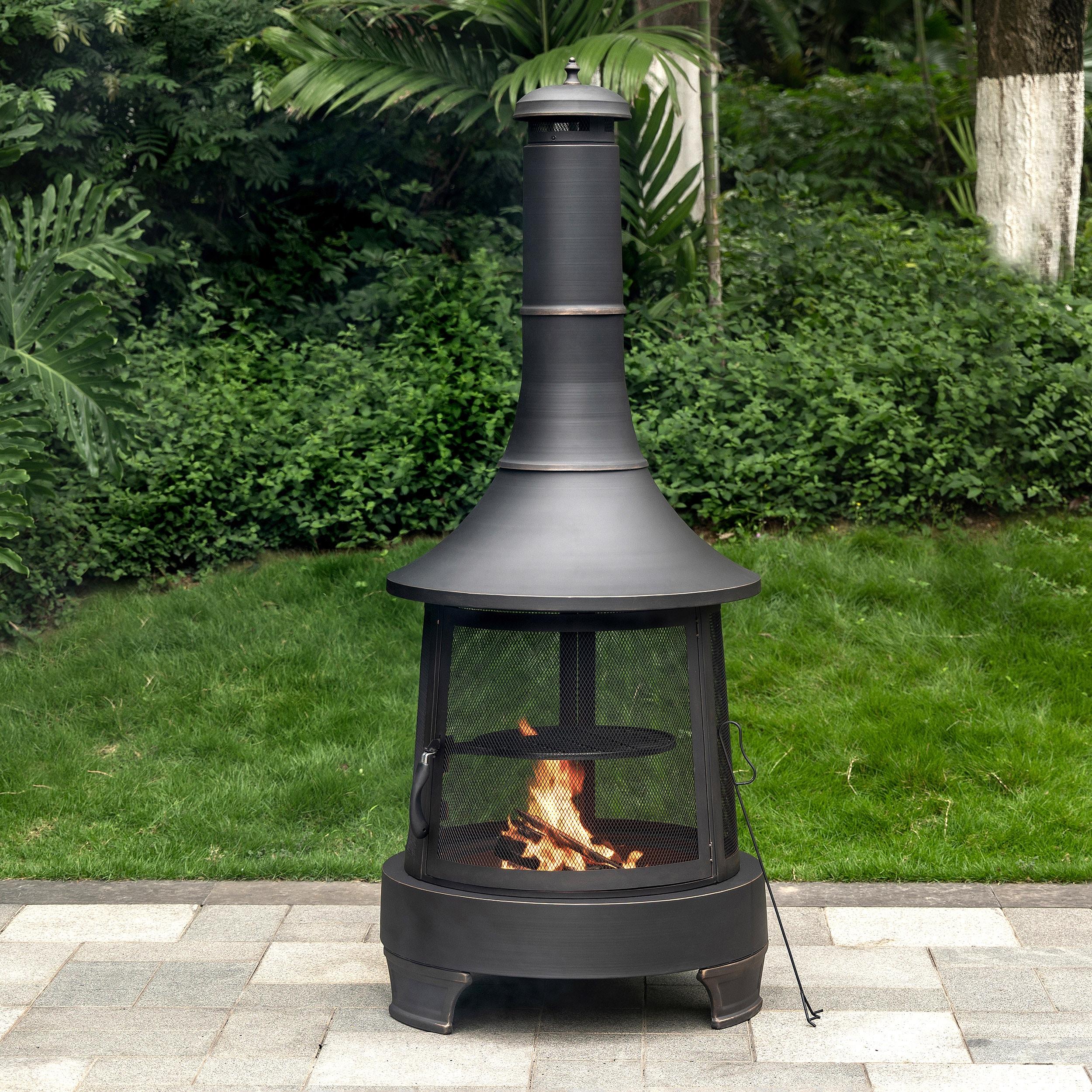 Deko Living Deko Living 30 Inch Diameter Outdoor Steel Wood Burning Chimney Firepit with Cast Iron Cooking Grill and Poker