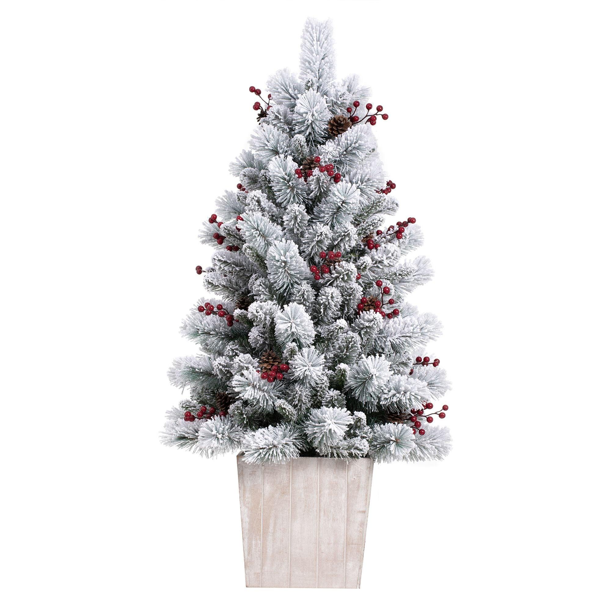 4ft Pre-Lit Flocked Ashcroft Fir Potted Artificial Christmas Tree - Haute Décor: Indoor Decor, Incandescent Lights