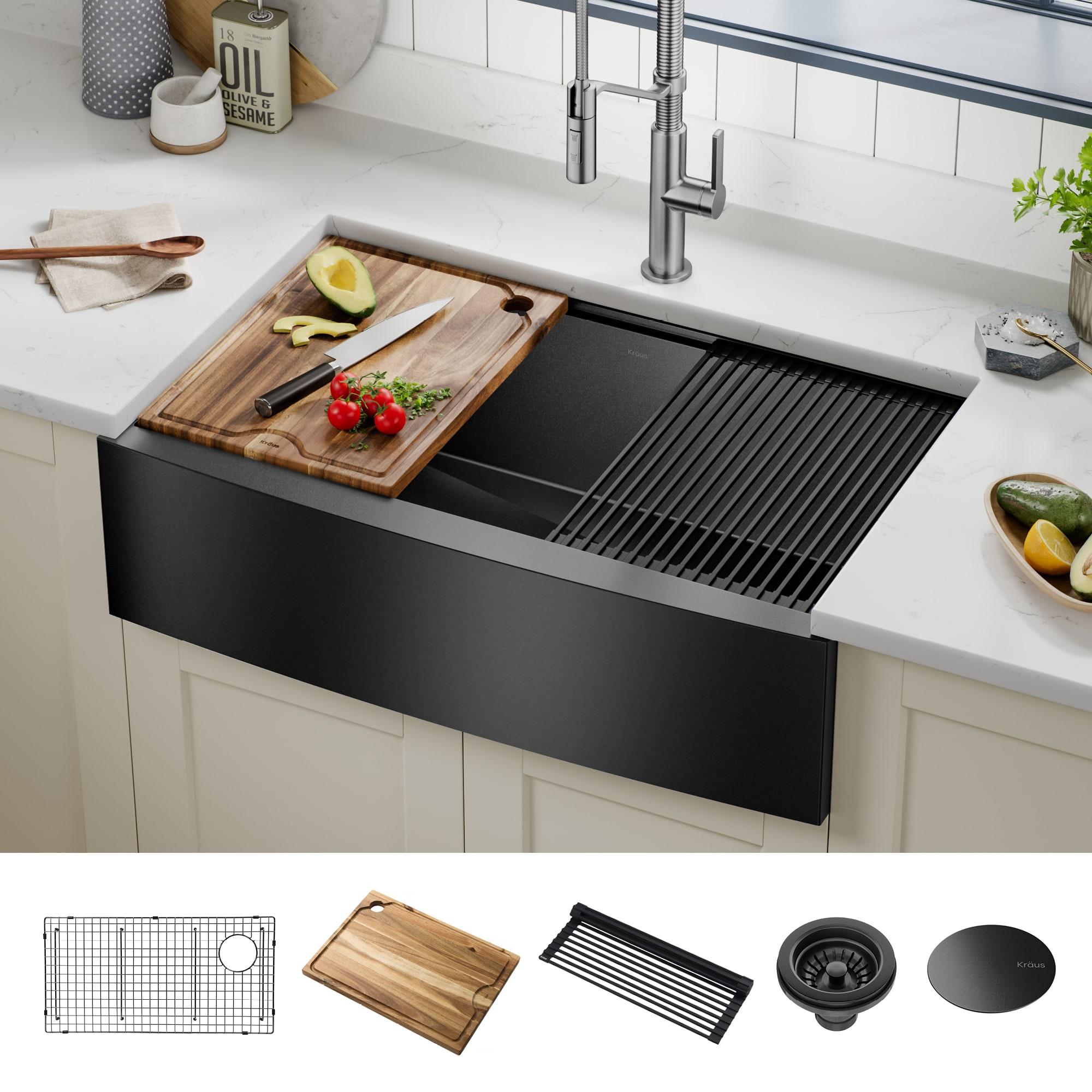 KRAUS Kore™ Workstation 33" L Farmhouse Apron Front 16 Gauge Black Stainless Steel Single Bowl Kitchen Sink