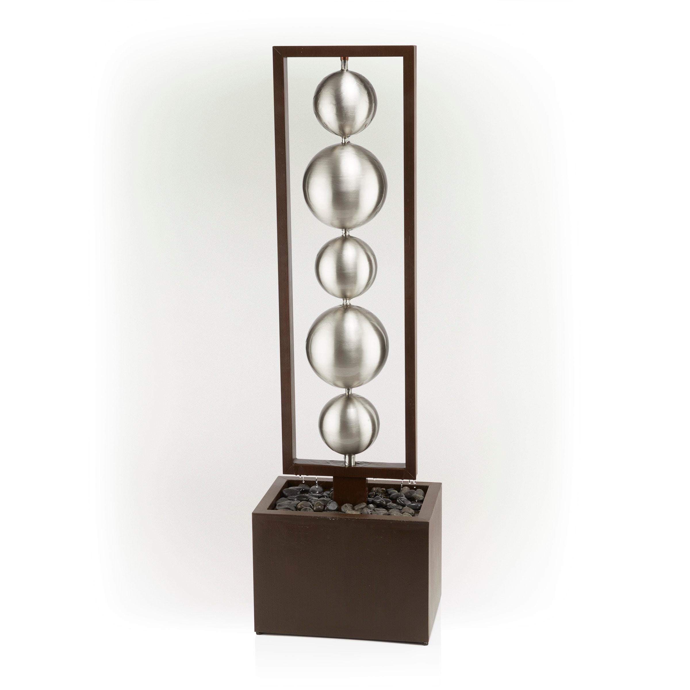 55" Metal Modern Column Fountain with Stainless Steel Orbs Silver/Brown - Alpine Corporation: Electric-Powered